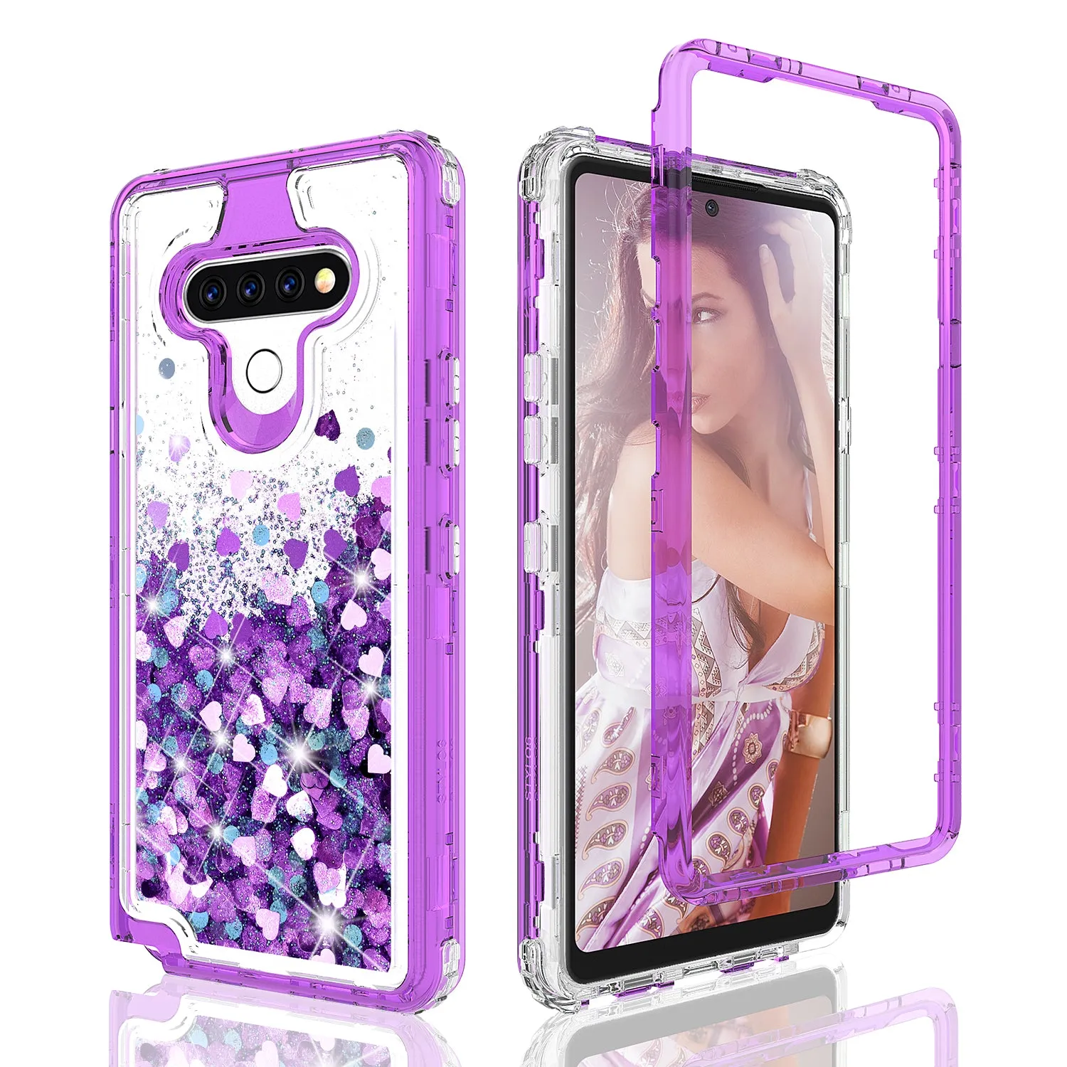 LG Stylo 6 Case,Hard Clear Glitter Sparkle Flowing Liquid Heavy Duty Shockproof Three Layer Protective Bling Girls Women Cases for LG Stylo 6 - Purple