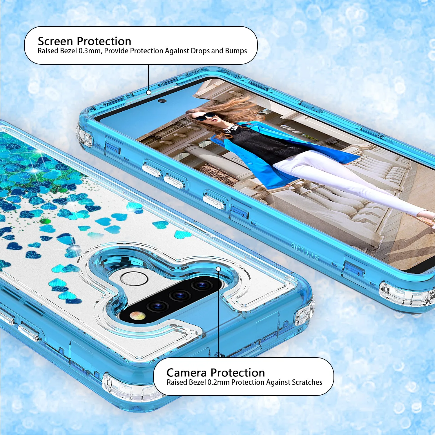 LG Stylo 6 Case,Hard Clear Glitter Sparkle Flowing Liquid Heavy Duty Shockproof Three Layer Protective Bling Girls Women Cases for LG Stylo 6 - Teal