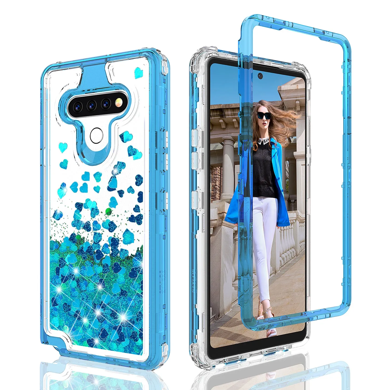 LG Stylo 6 Case,Hard Clear Glitter Sparkle Flowing Liquid Heavy Duty Shockproof Three Layer Protective Bling Girls Women Cases for LG Stylo 6 - Teal