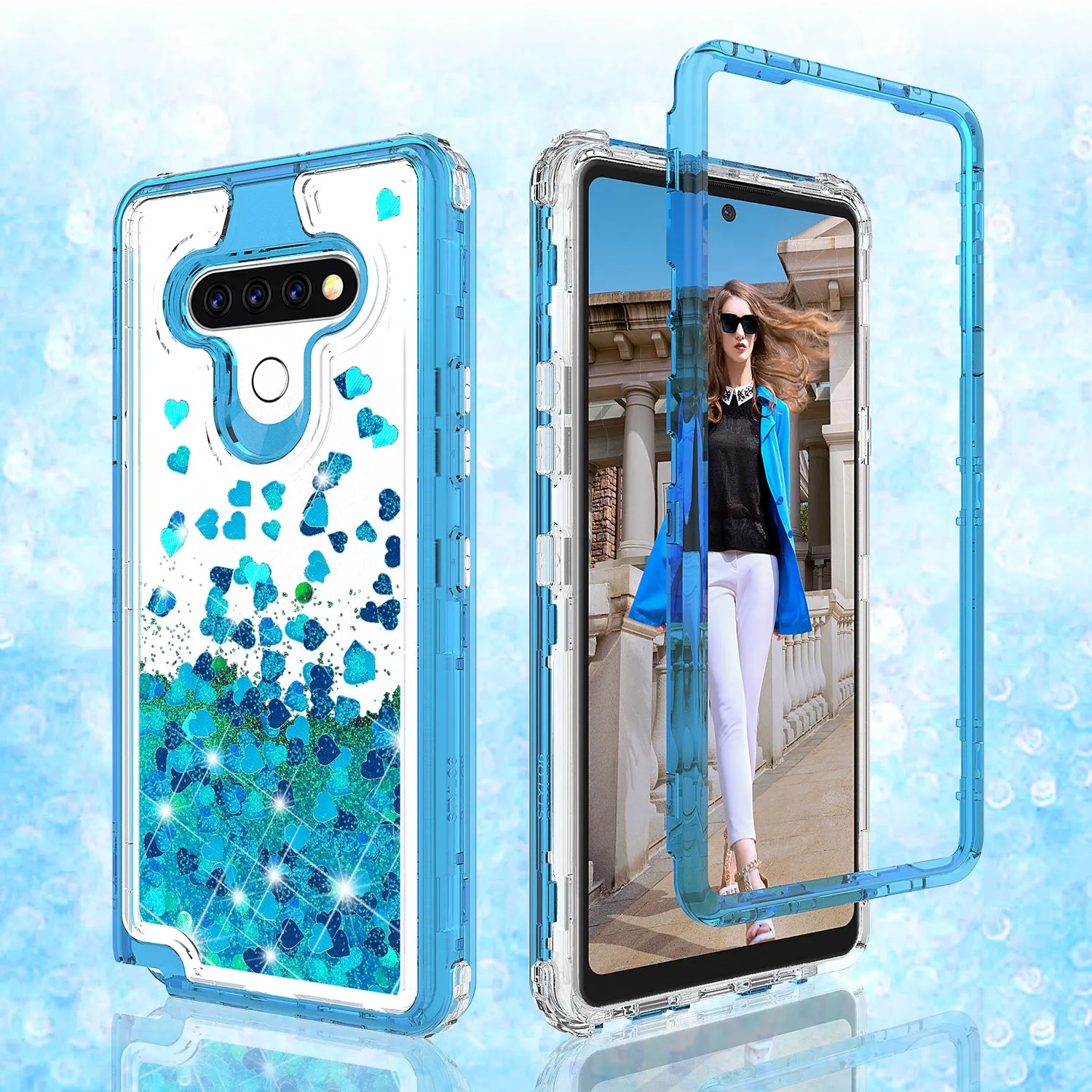 LG Stylo 6 Case,Hard Clear Glitter Sparkle Flowing Liquid Heavy Duty Shockproof Three Layer Protective Bling Girls Women Cases for LG Stylo 6 - Teal