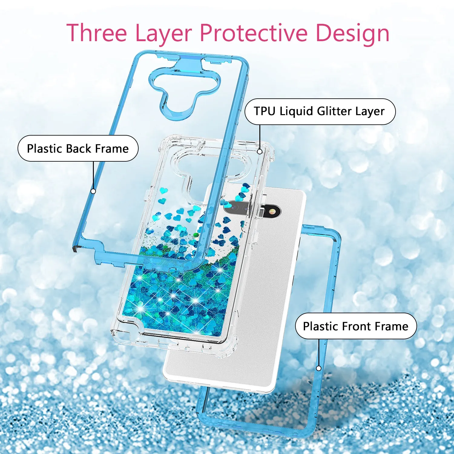 LG Stylo 6 Case,Hard Clear Glitter Sparkle Flowing Liquid Heavy Duty Shockproof Three Layer Protective Bling Girls Women Cases for LG Stylo 6 - Teal