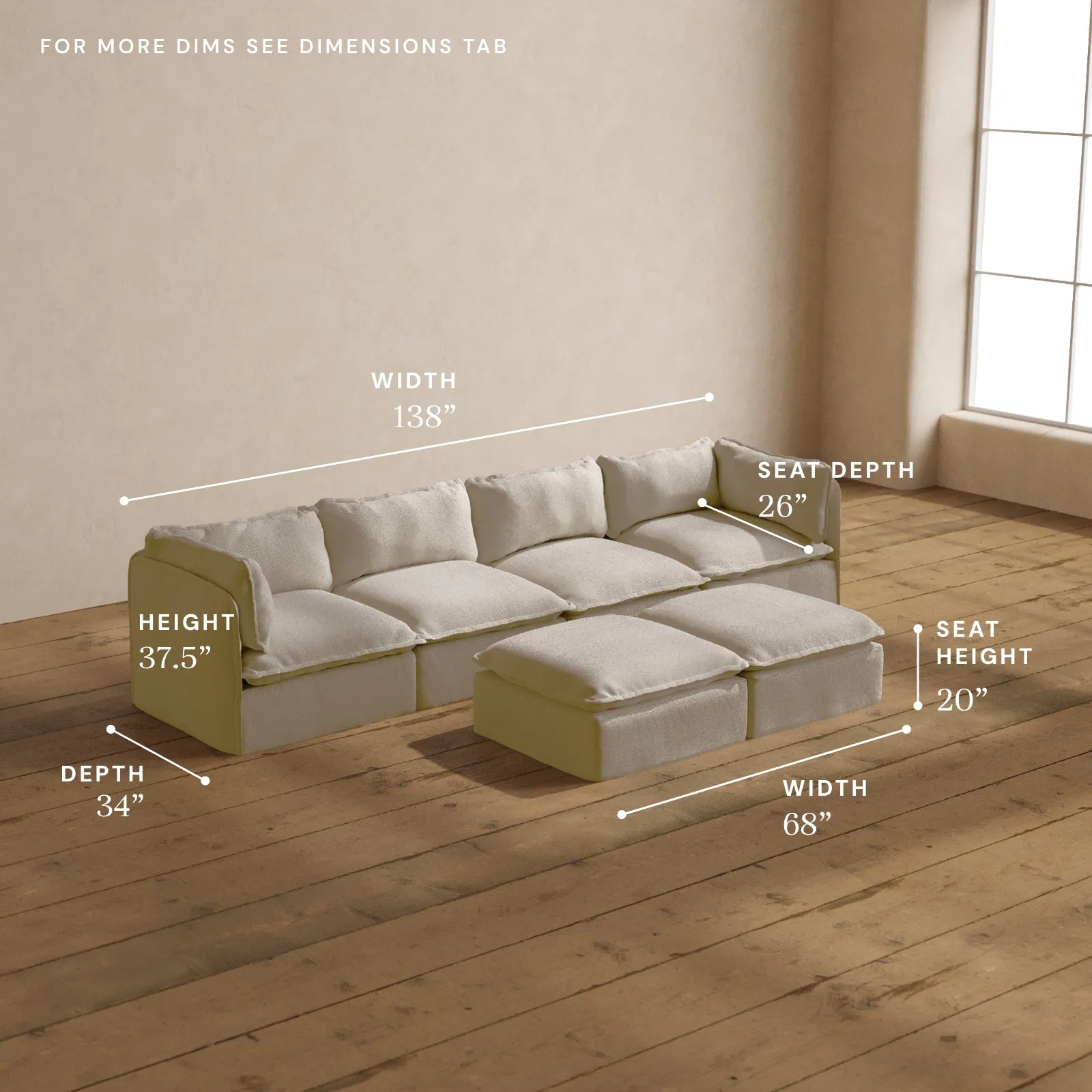 Modular Washable 4-Seater   Bench Ottoman in Powder | Deluxe  Seat | Contour Pillow