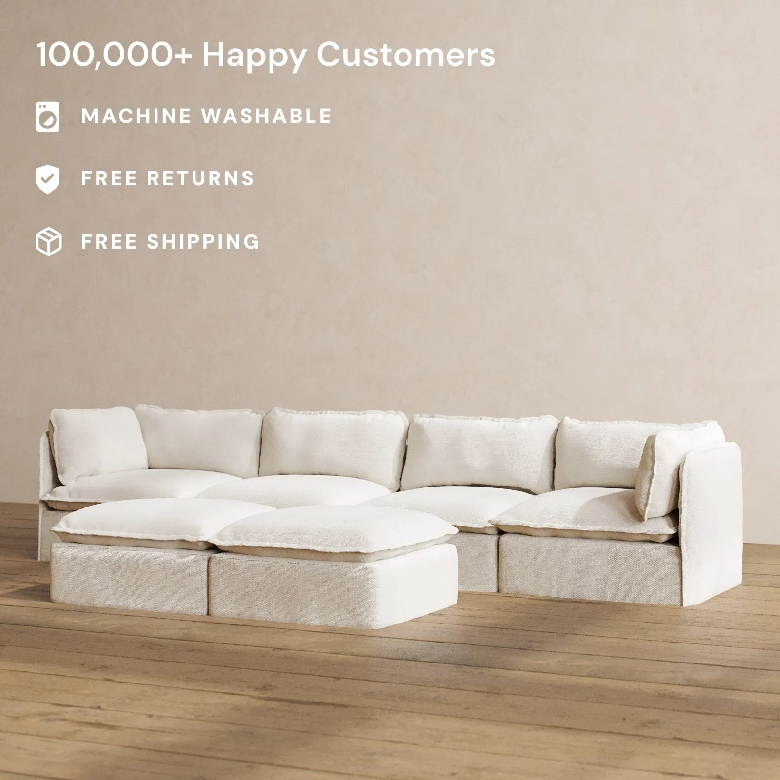 Modular Washable 4-Seater   Bench Ottoman in Powder | Deluxe  Seat | Contour Pillow