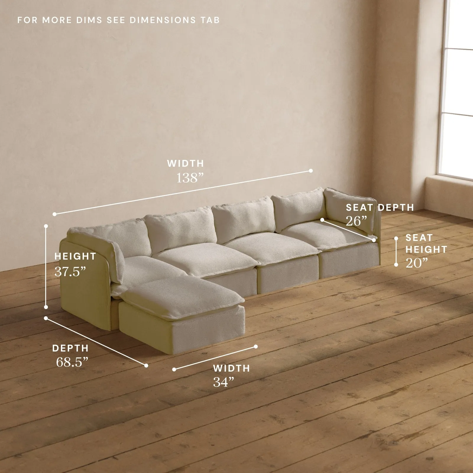 Modular Washable 4-Seater Sectional in Powder | Deluxe  Seat | Contour Pillow
