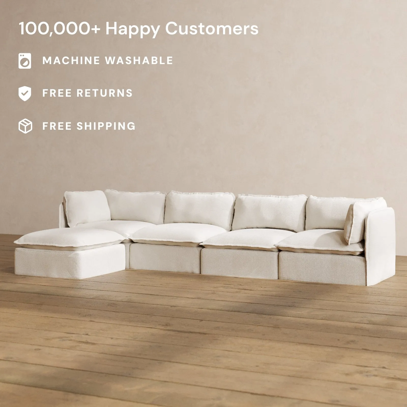 Modular Washable 4-Seater Sectional in Powder | Deluxe  Seat | Contour Pillow