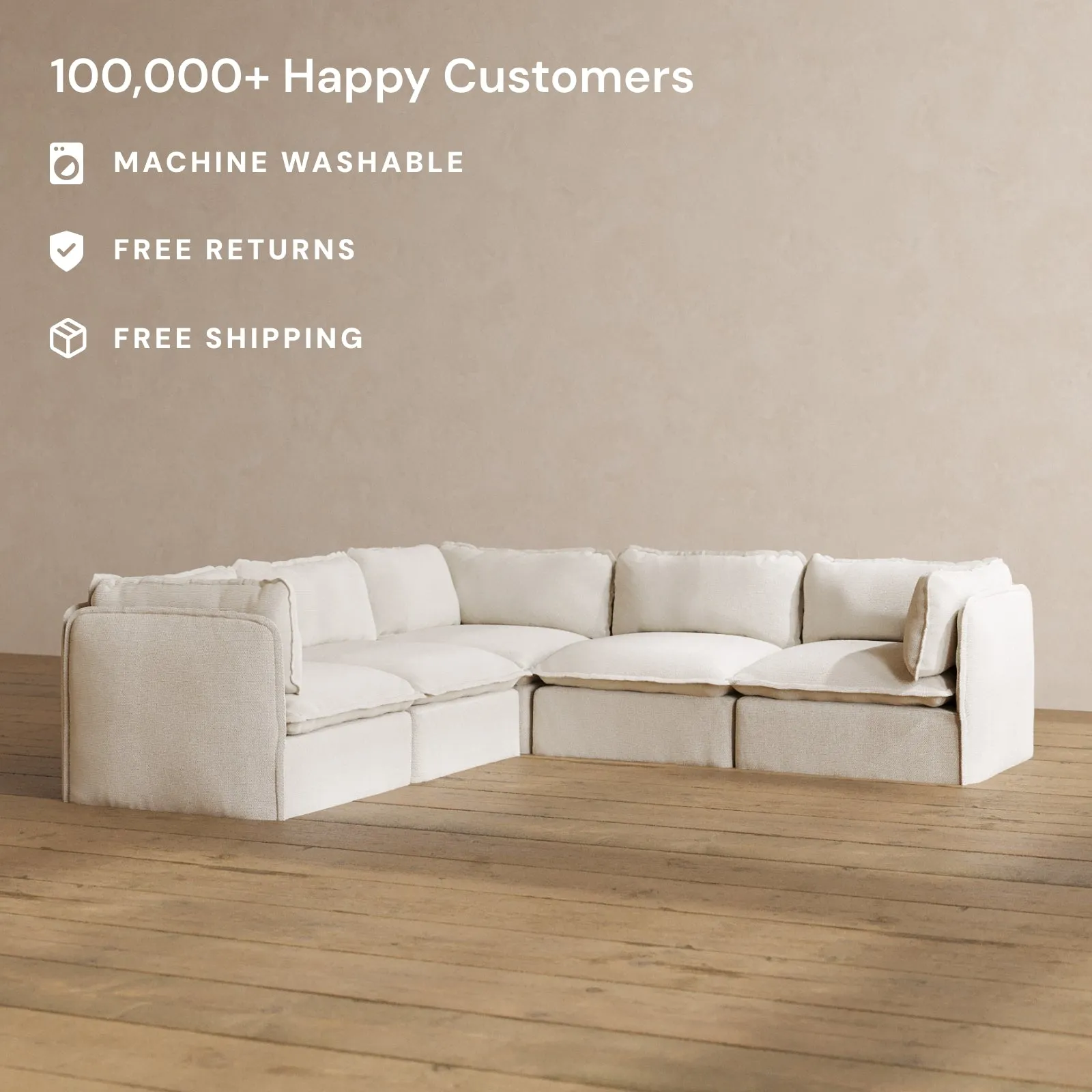 Modular Washable 5-Seater Corner Sectional in Powder | Deluxe  Seat | Contour Pillow