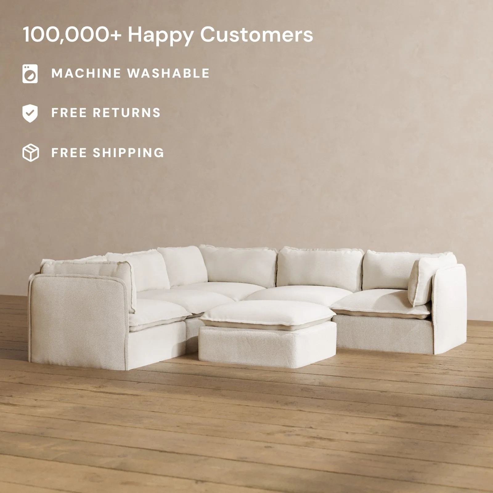 Modular Washable 5-Seater Corner Sectional   Ottoman in Powder | Memorix  Seat | Contour Pillow