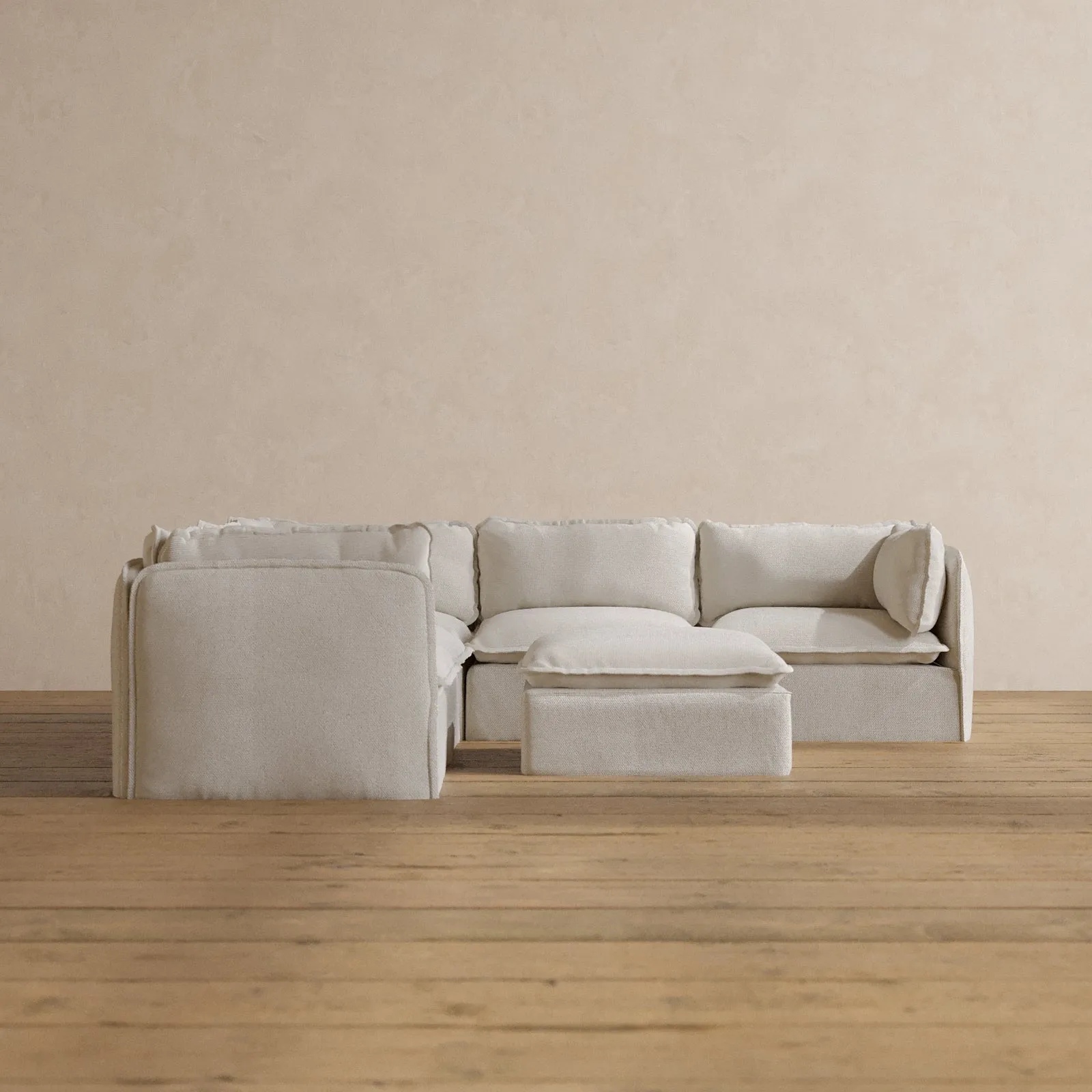 Modular Washable 5-Seater Corner Sectional   Ottoman in Powder | Memorix  Seat | Contour Pillow