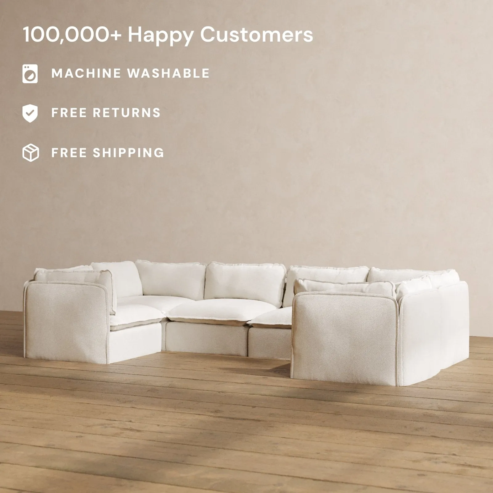 Modular Washable 6-Seater U-Sectional in Powder | Deluxe  Seat | Contour Pillow
