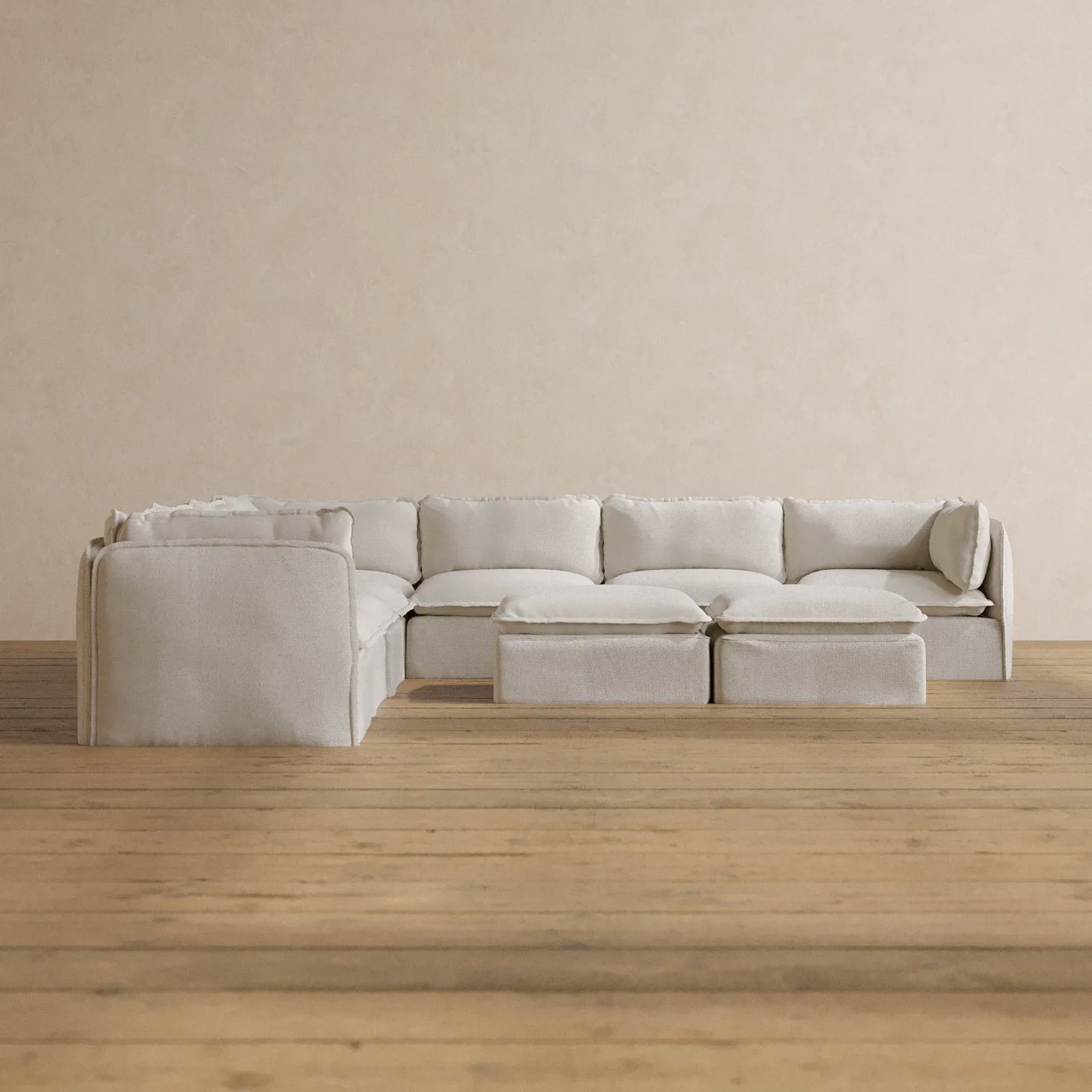 Modular Washable 7-Seater Corner Sectional   Bench Ottoman in Powder | Memorix  Seat | Contour Pillow