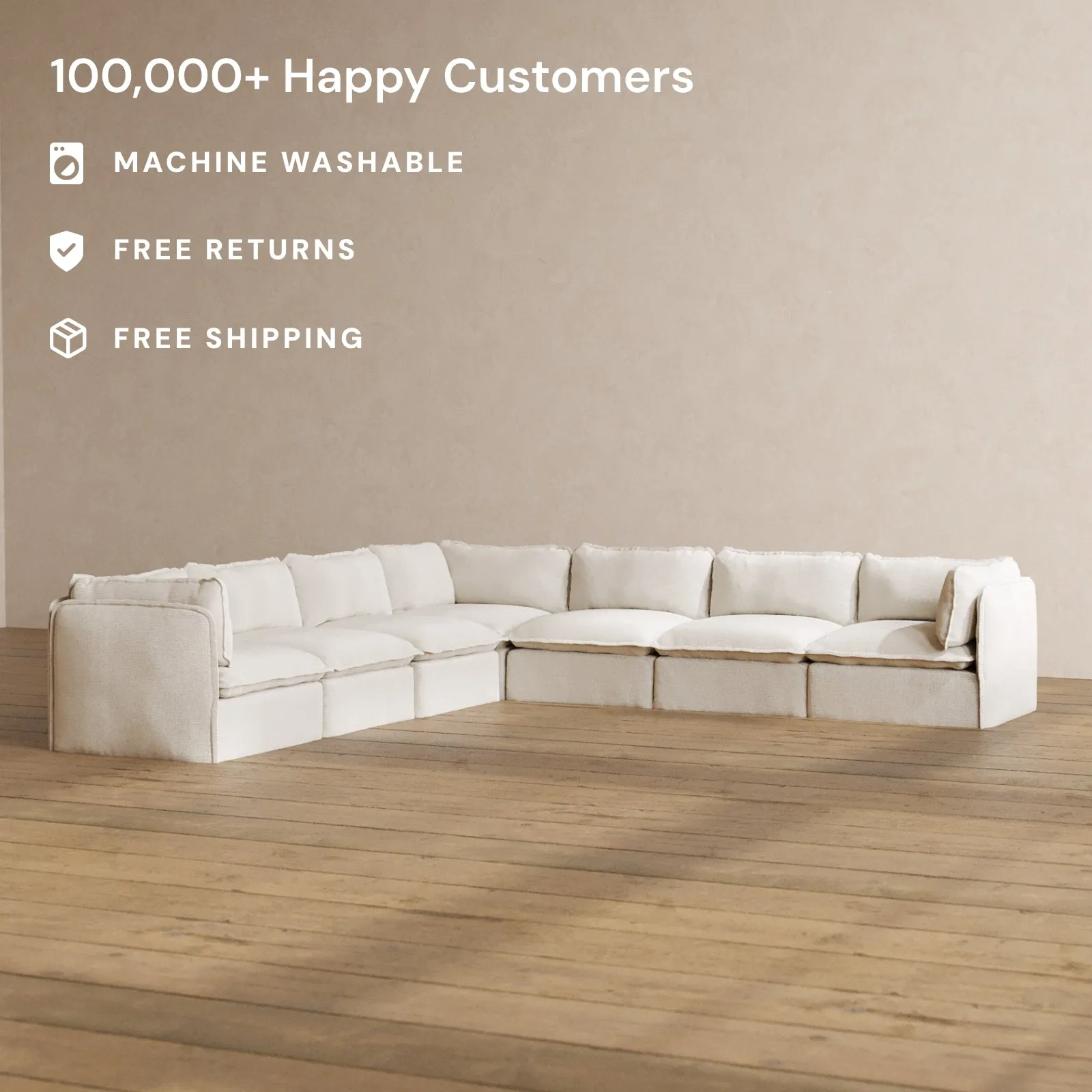Modular Washable 7-Seater Corner Sectional in Powder | Memorix  Seat | Contour Pillow