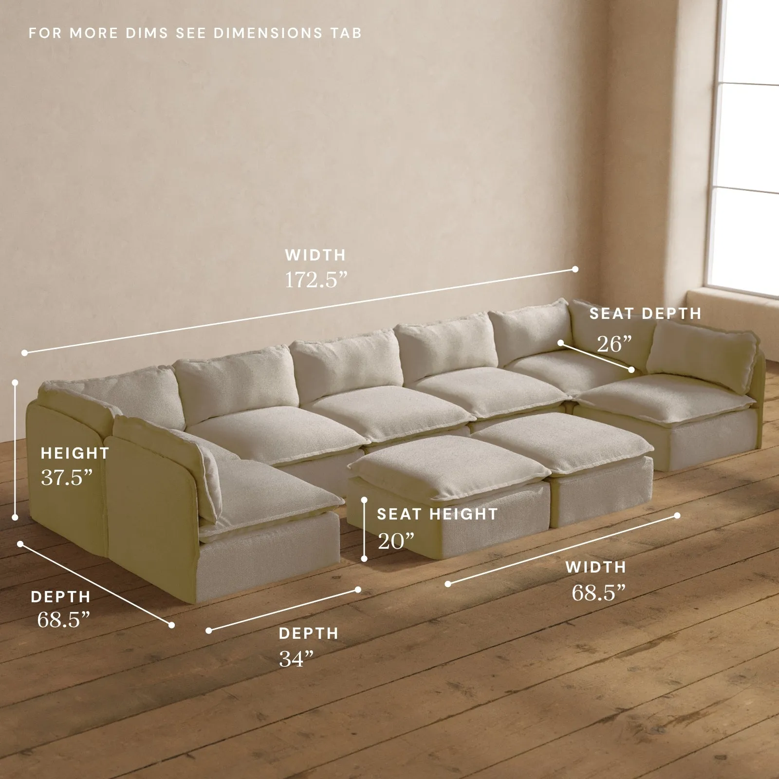 Modular Washable 7-Seater Open-Ends U-Sectional   Bench Ottoman in Powder | Deluxe  Seat | Contour Pillow