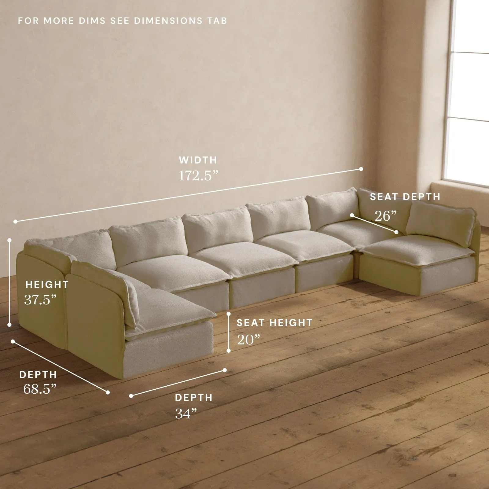 Modular Washable 7-Seater Open-Ends U-Sectional in Powder | Deluxe  Seat | Contour Pillow