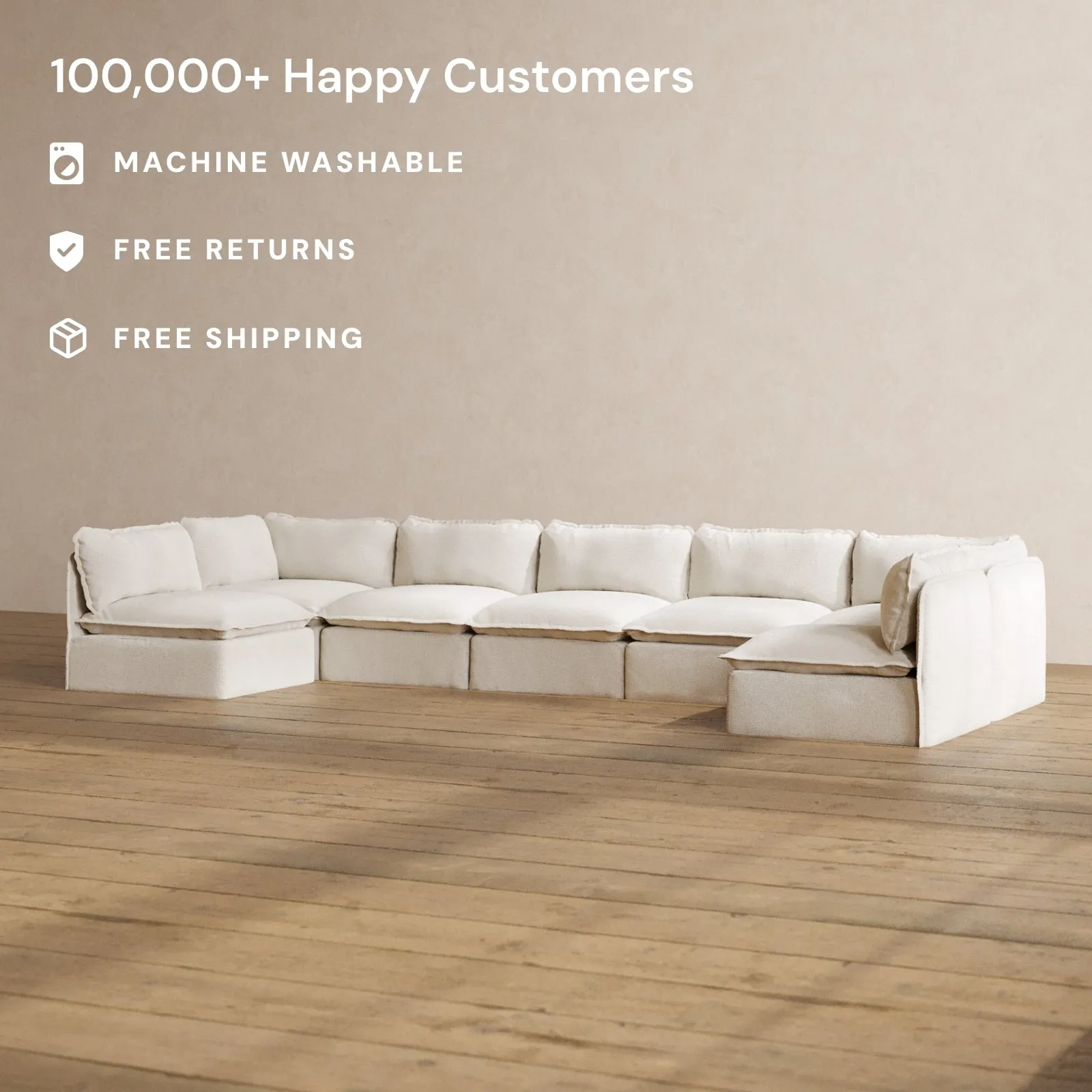 Modular Washable 7-Seater Open-Ends U-Sectional in Powder | Deluxe  Seat | Contour Pillow