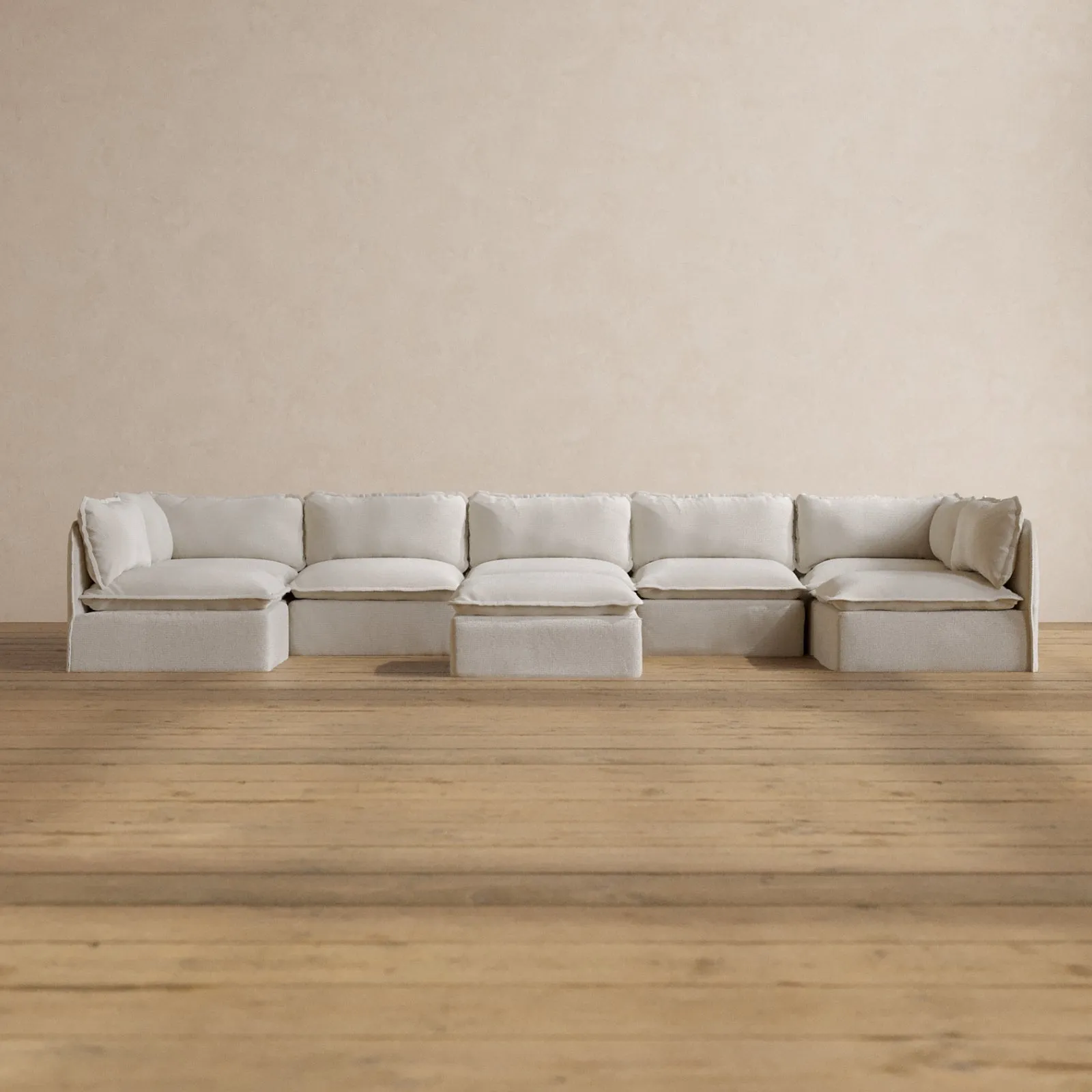 Modular Washable 7-Seater Open-Ends U-Sectional   Ottoman in Powder | Memorix  Seat | Contour Pillow