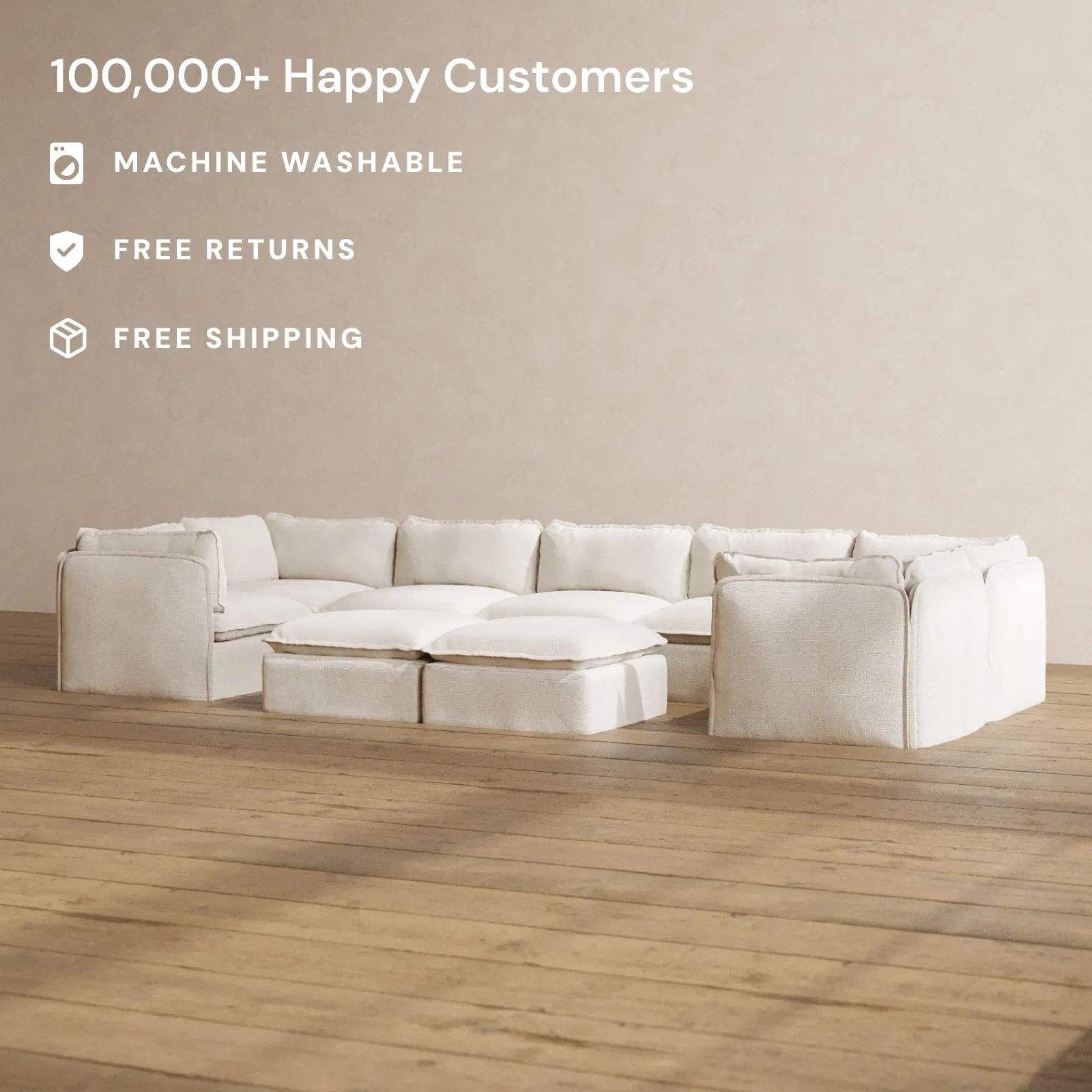 Modular Washable 7-Seater U-Sectional   Bench Ottoman in Powder | Memorix  Seat | Contour Pillow