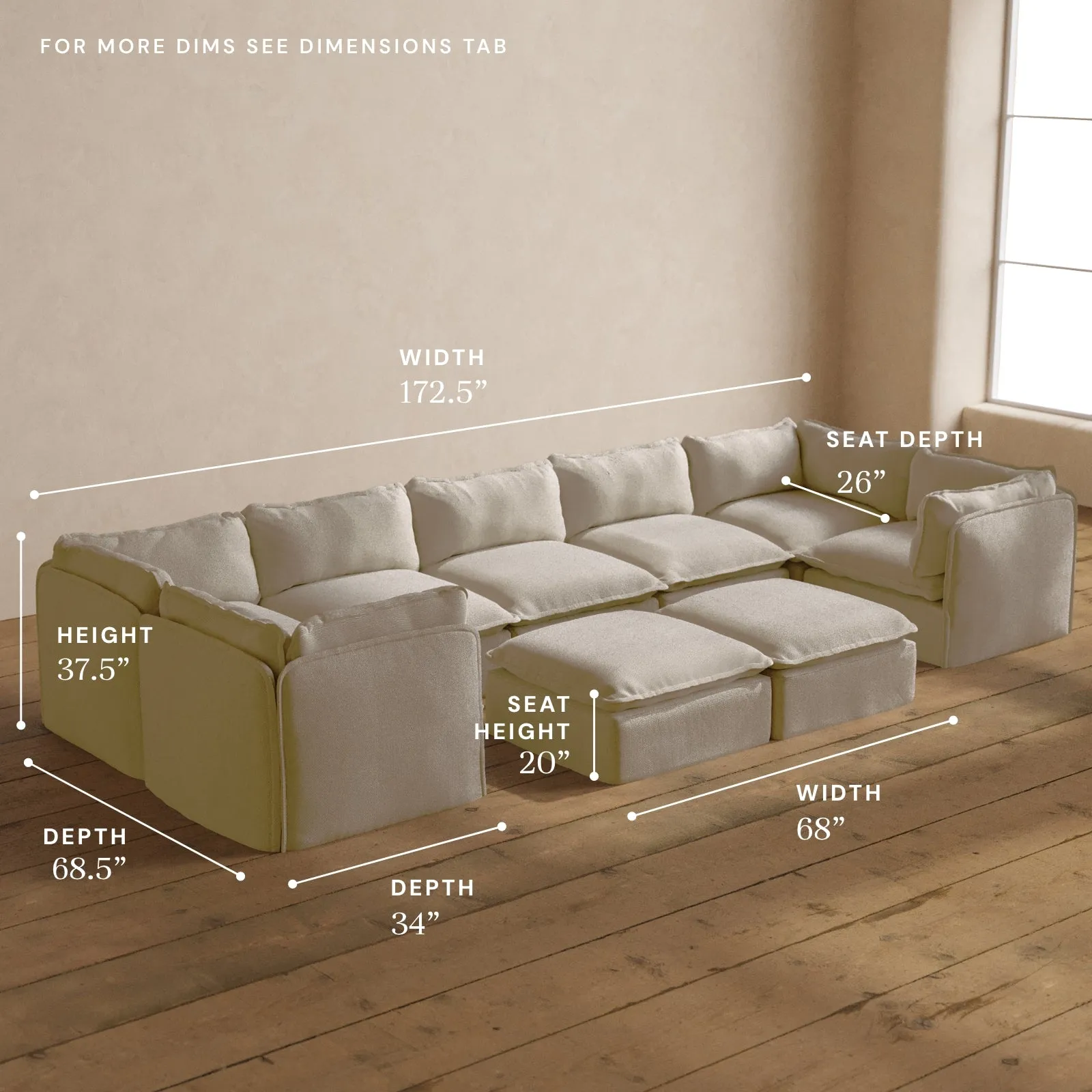 Modular Washable 7-Seater U-Sectional   Bench Ottoman in Powder | Memorix  Seat | Contour Pillow