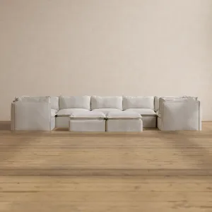 Modular Washable 7-Seater U-Sectional   Bench Ottoman in Powder | Memorix  Seat | Contour Pillow