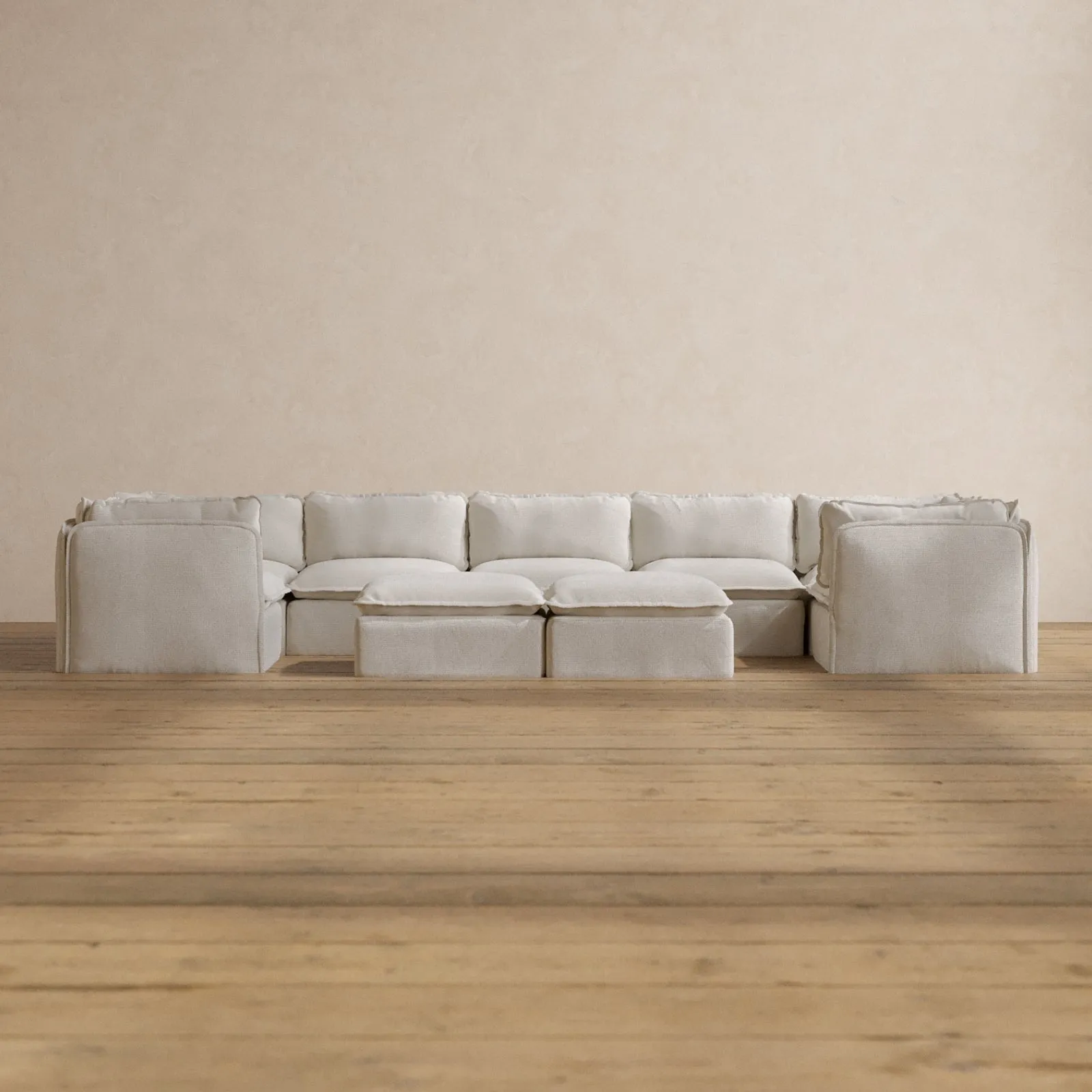 Modular Washable 7-Seater U-Sectional   Bench Ottoman in Powder | Memorix  Seat | Contour Pillow