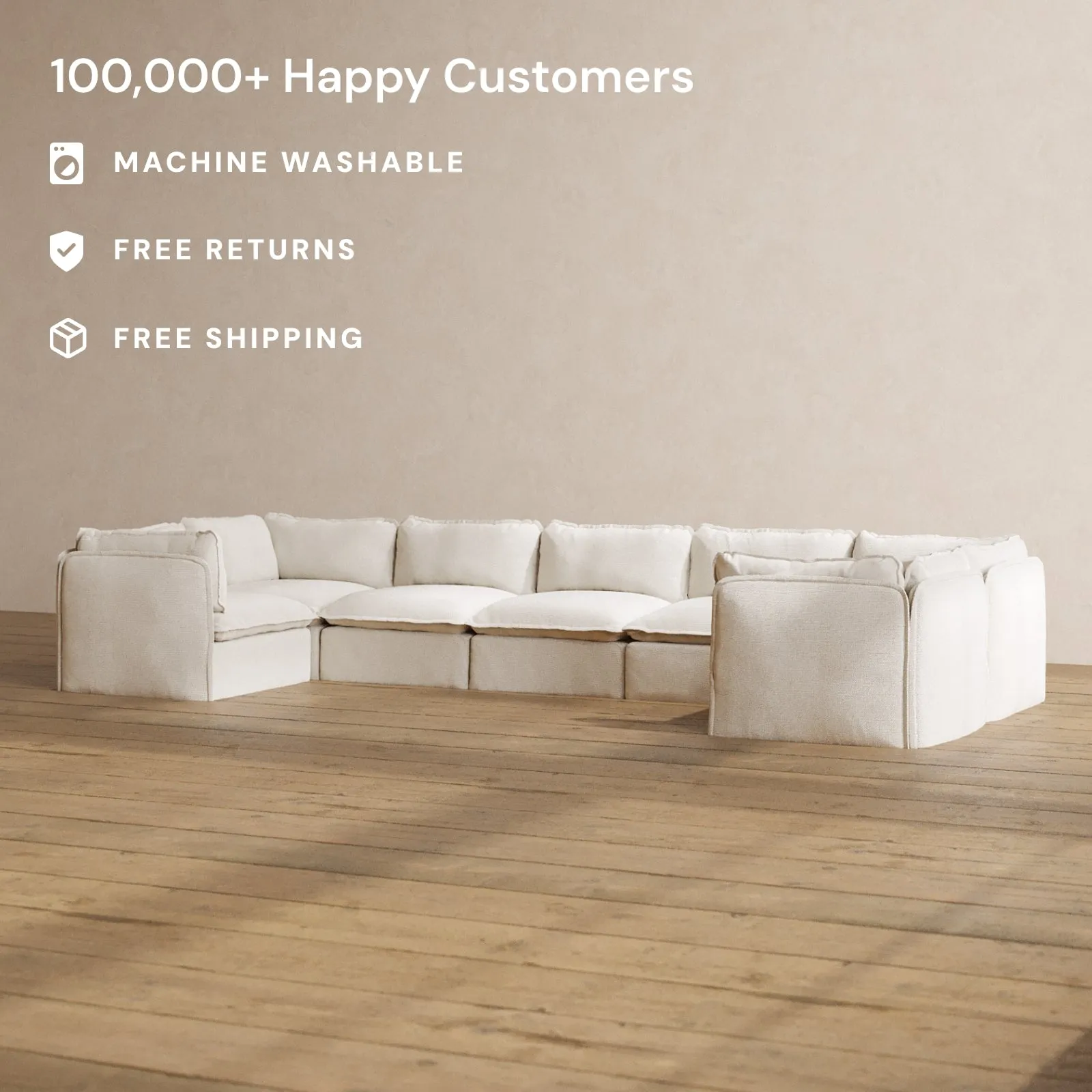 Modular Washable 7-Seater U-Sectional in Powder | Deluxe  Seat | Contour Pillow