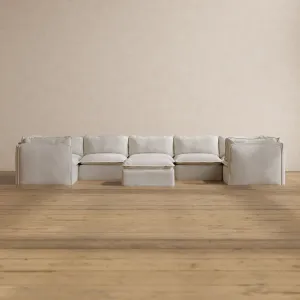 Modular Washable 7-Seater U-Sectional   Ottoman in Powder | Deluxe  Seat | Contour Pillow