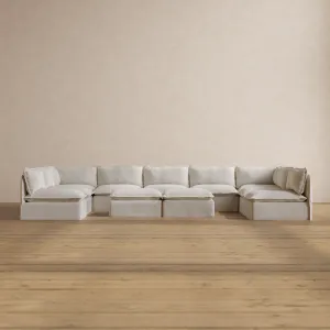 Modular Washable 9-Seater Open-Ends U-Sectional   Bench Ottoman in Powder | Deluxe  Seat | Contour Pillow