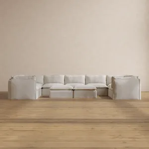 Modular Washable 9-Seater U-Sectional   Bench Ottoman in Powder | Memorix  Seat | Contour Pillow