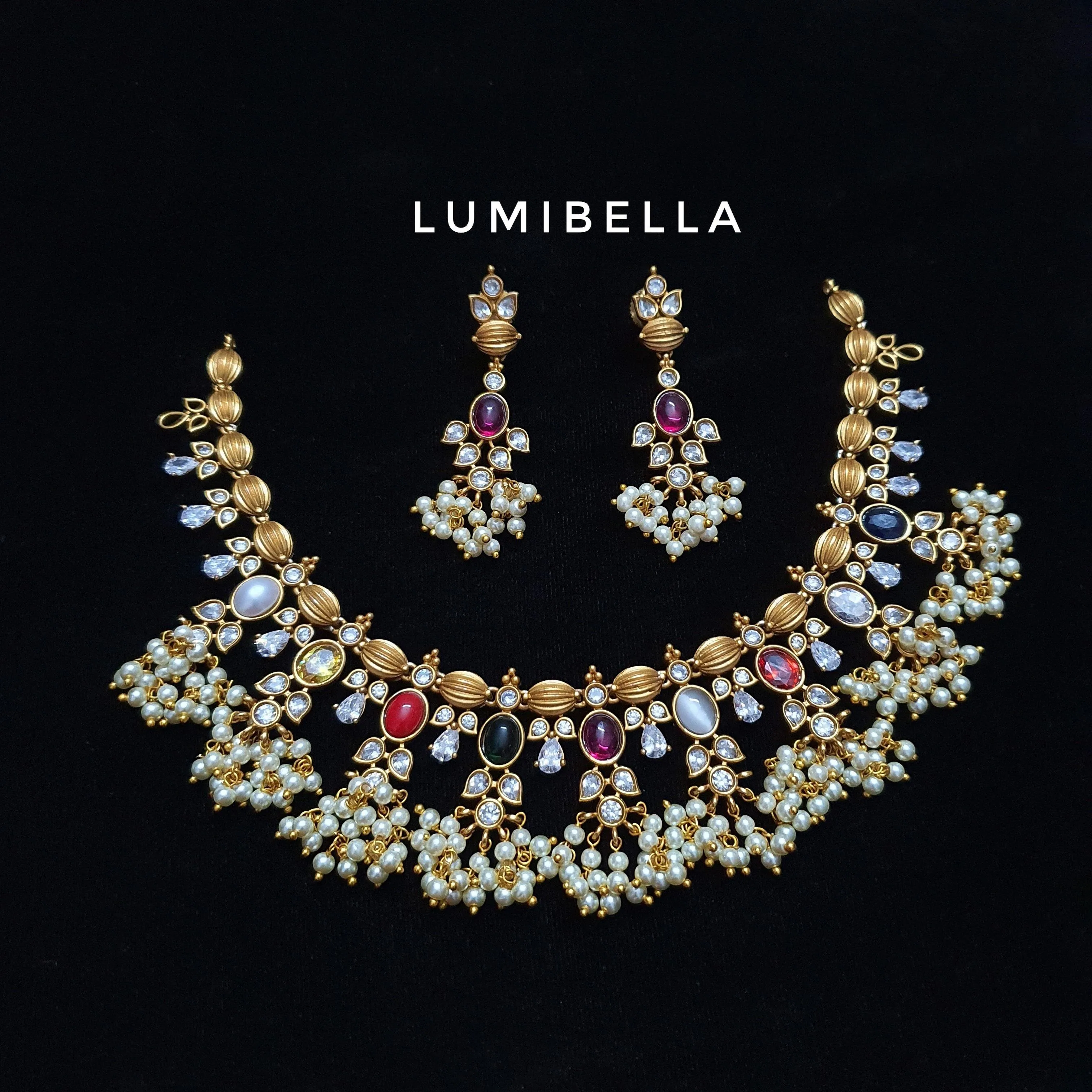 Navarathna Guttapusalu Necklace With Kemp Embellishment