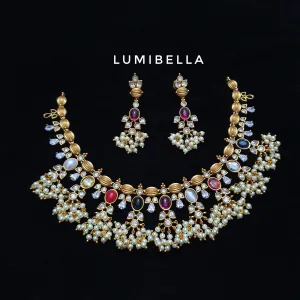 Navarathna Guttapusalu Necklace With Kemp Embellishment