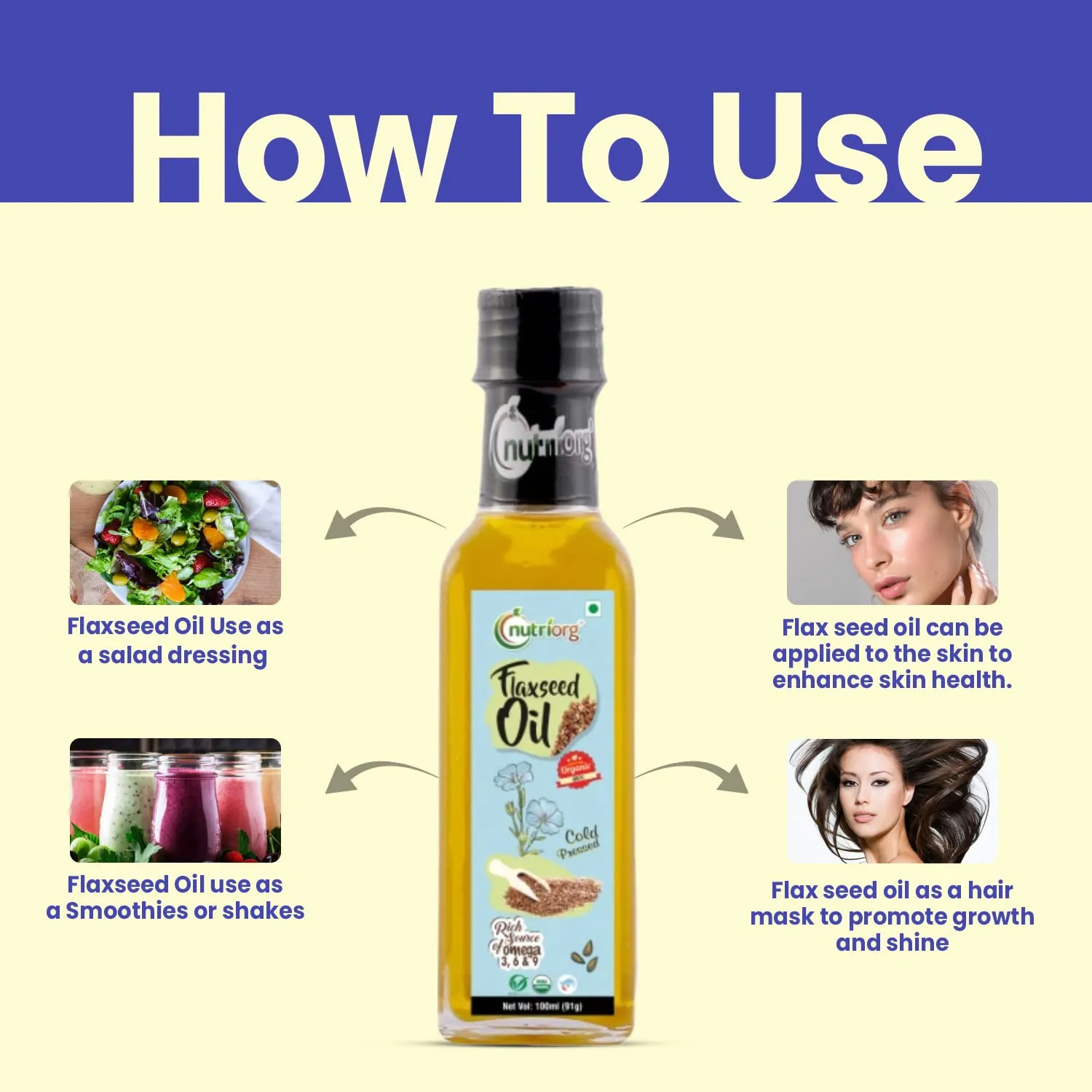 Nutriorg Certified Organic Flaxseed Oil 200ml (Pack of 2* 100) | Wooden Cold-Pressed Oil