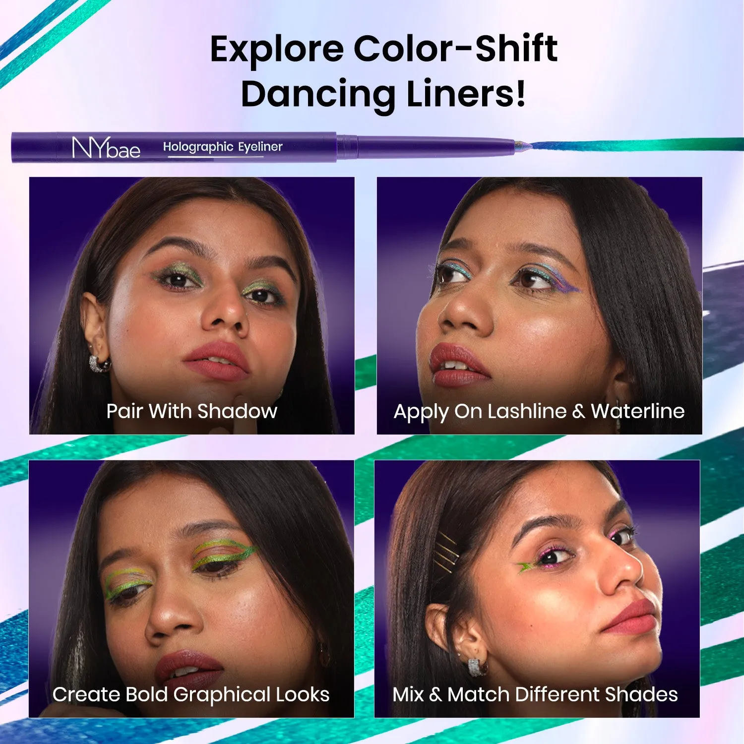NY Bae Holographic Eyeliner - Aquamarine 01 | Kajal | Waterproof Eyeliner | Long Lasting | Eyeshadow | Pen Eyeliner | Purple Blue Eyeliner | Eye Makeup (0.25g)