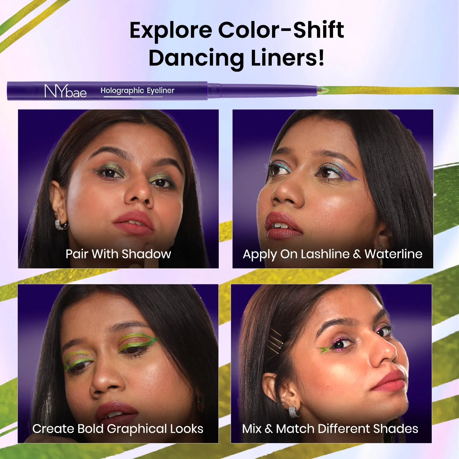 NY Bae Holographic Gel Eyeliner - Electric Lime 03 | Kajal | Waterproof Eyeliner | Long Lasting | Eyeshadow | Pen Eyeliner | Neon Green Blue Eyeliner | Eye Makep (0.25g)