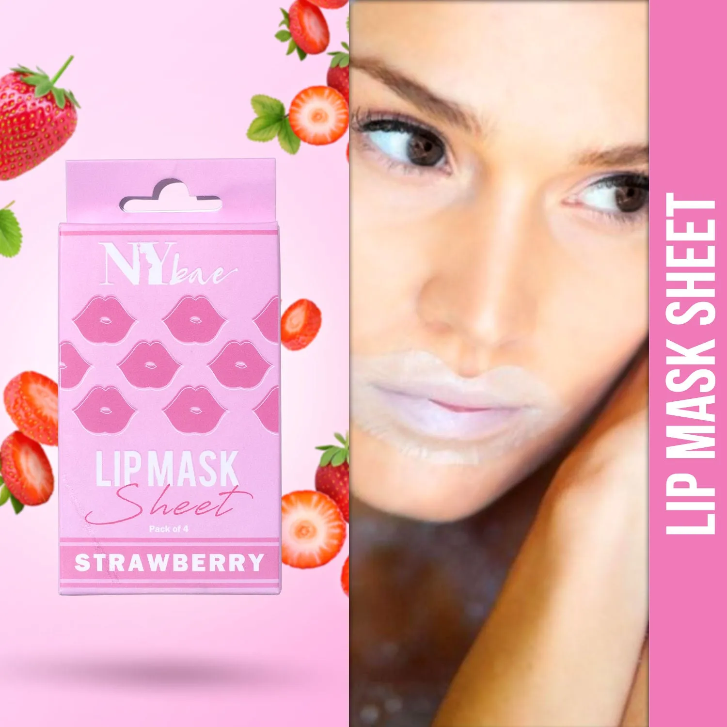 NY Bae Lip Mask Sheet - Pack Of 4 | Nourishes Chapped Lips | 95 % Natural Ingredients | Instant Hydration | Bio Cellulose Mask | Alcohol Free - Strawberry