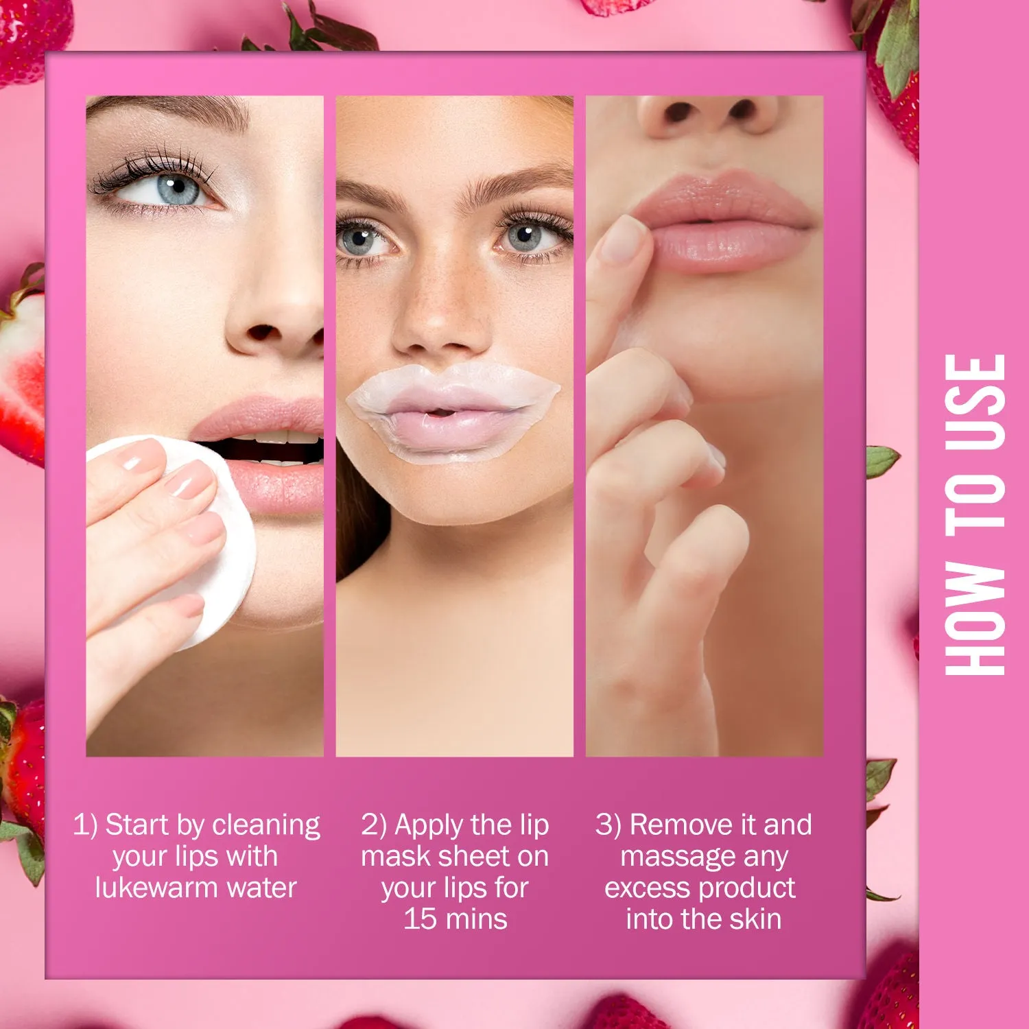 NY Bae Lip Mask Sheet - Pack Of 4 | Nourishes Chapped Lips | 95 % Natural Ingredients | Instant Hydration | Bio Cellulose Mask | Alcohol Free - Strawberry