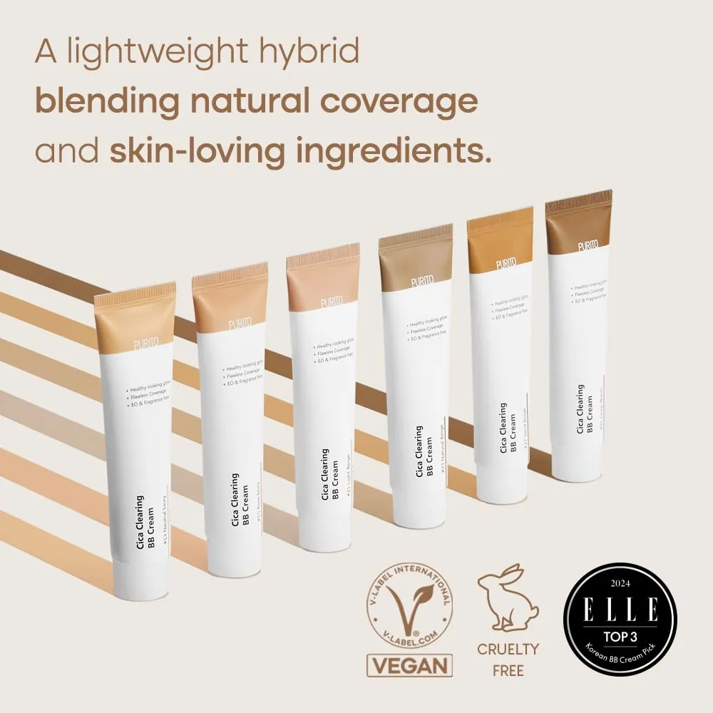 PURITO Cica Clearing BB Cream #15 Rose Ivory 1 fl.oz / 30ml, Vegan bb cream, foundation, cruelty free