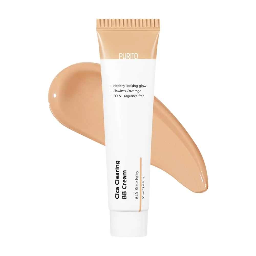 PURITO Cica Clearing BB Cream #15 Rose Ivory 1 fl.oz / 30ml, Vegan bb cream, foundation, cruelty free