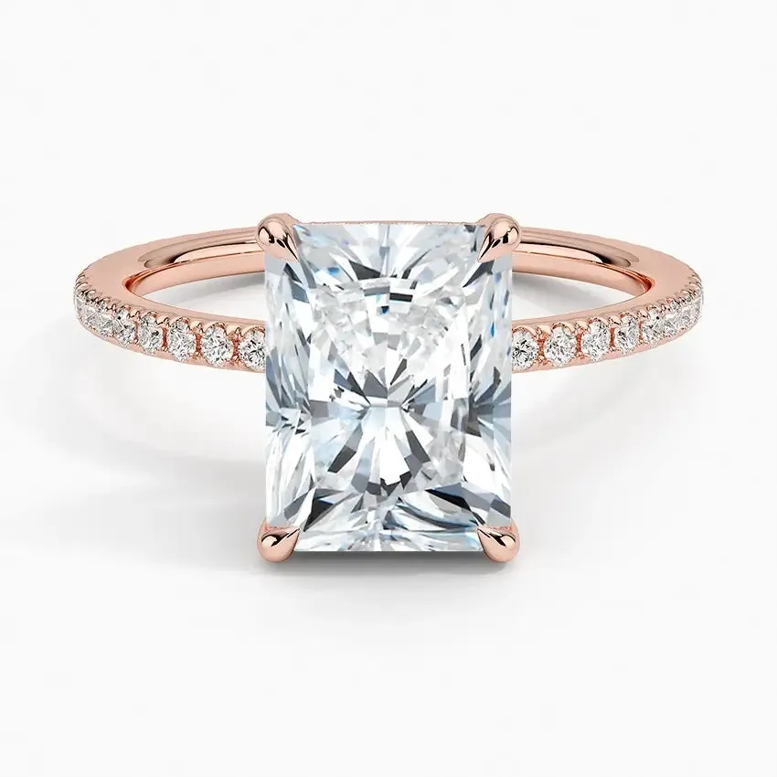 Radiant Cut Engagement Ring with Pavé Band, Cluster Claw, and Hidden Halo