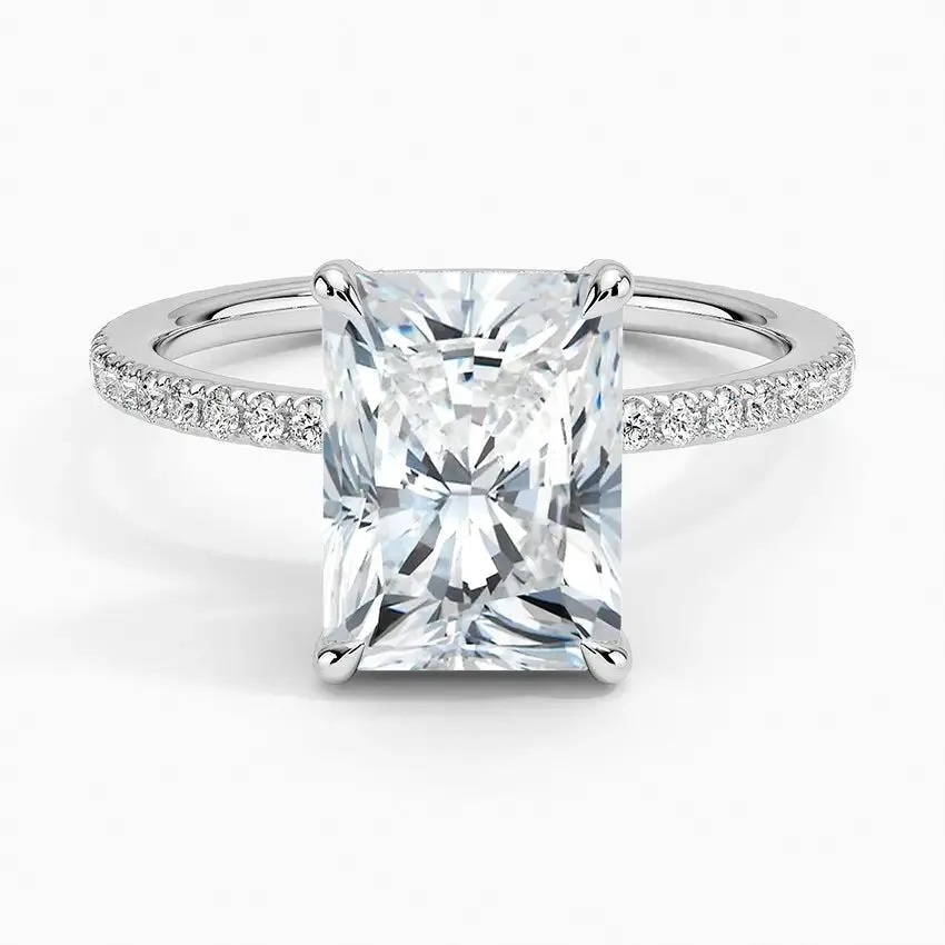 Radiant Cut Engagement Ring with Pavé Band, Cluster Claw, and Hidden Halo