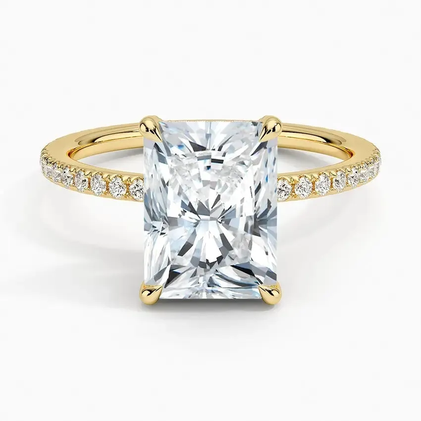 Radiant Cut Engagement Ring with Pavé Band, Cluster Claw, and Hidden Halo