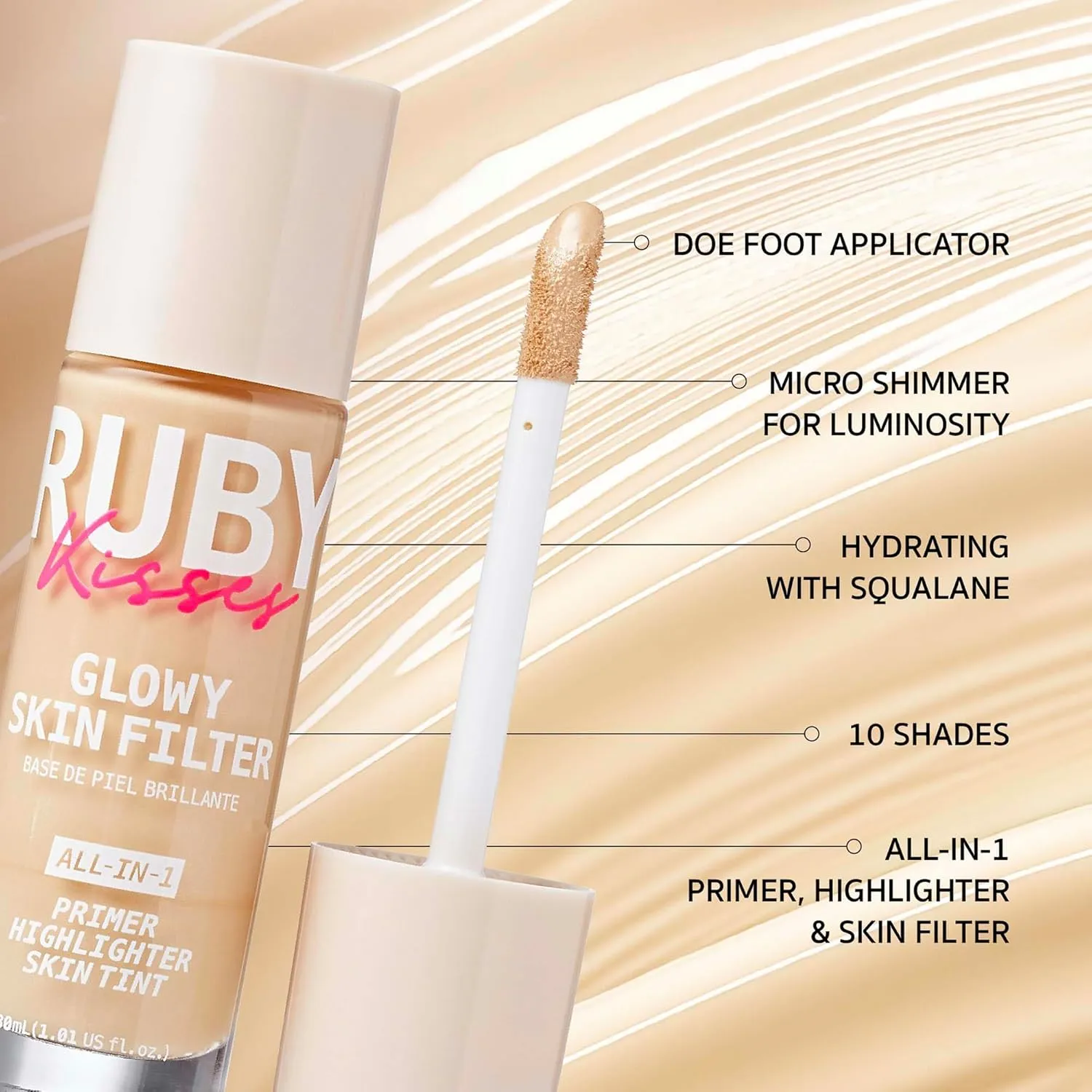 Ruby Kisses Glowy Skin Filter Foundation - All-in-1 Primer, Skin Tint & Highlighter, Hydrating Light Coverage with Squalane, Natural Dewy Finish, Luminous & Radiant Glow (Medium)