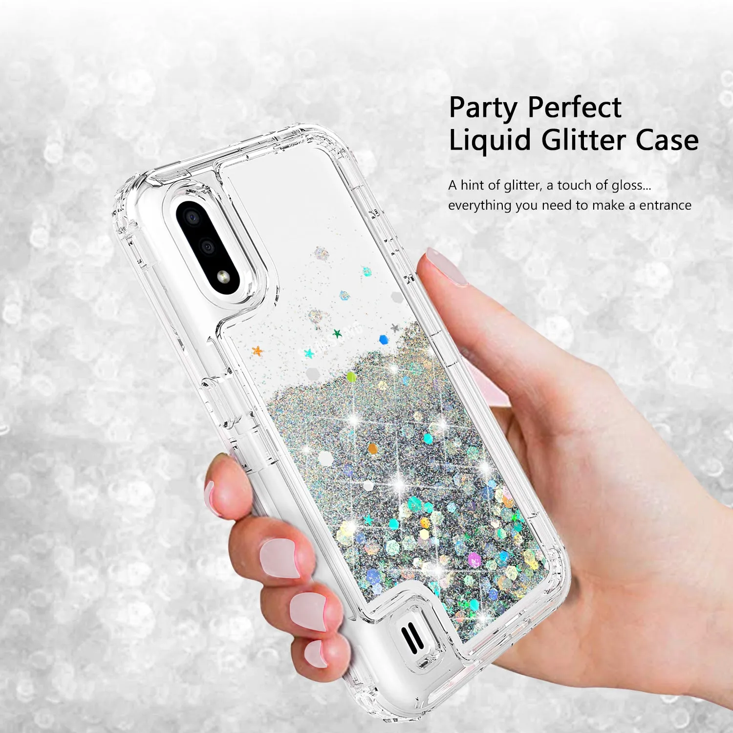 Samsung Galaxy A01 Case,Hard Clear Glitter Sparkle Flowing Liquid Heavy Duty Shockproof Three Layer Protective Bling Girls Women Cases for Samsung Galaxy A01 - Clear
