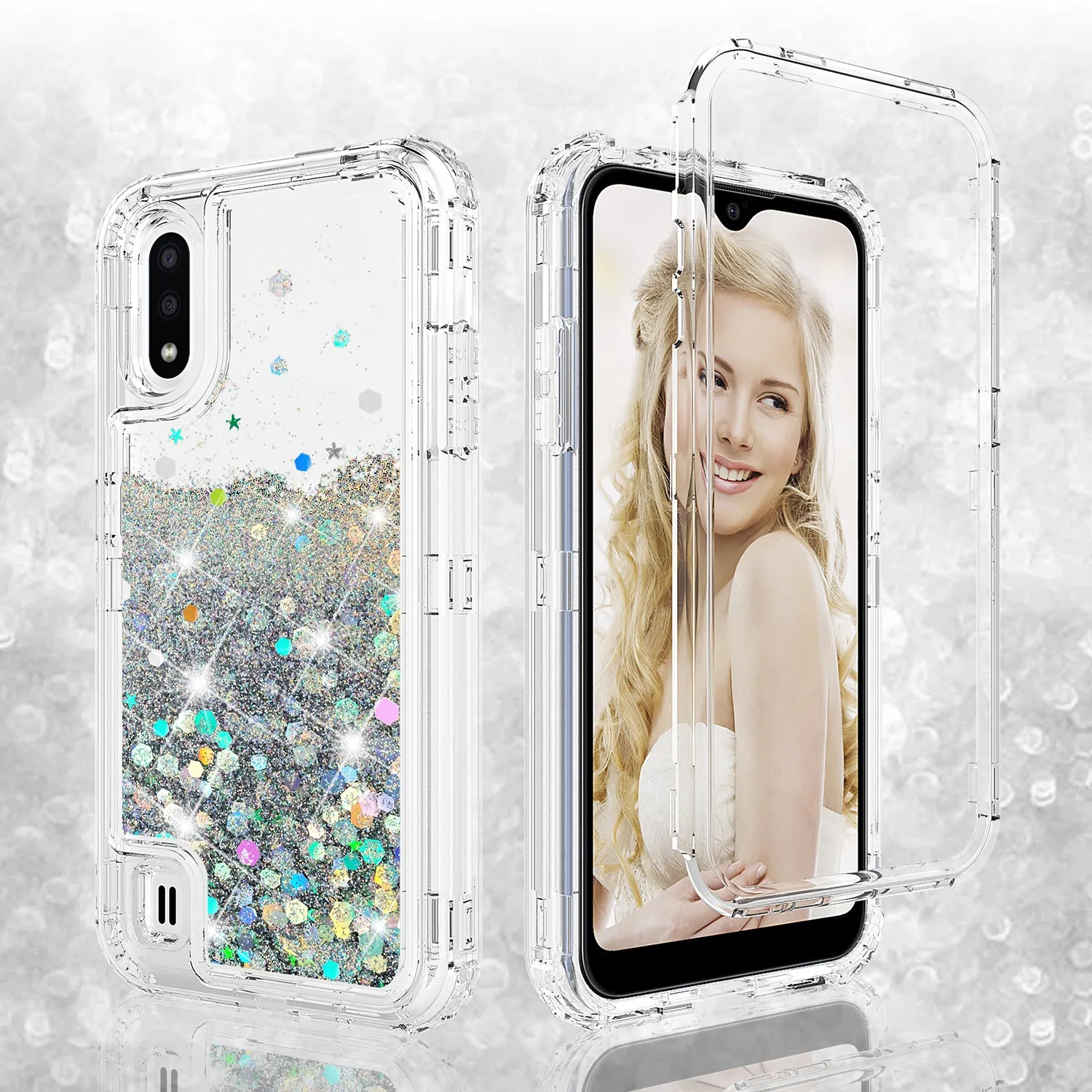 Samsung Galaxy A01 Case,Hard Clear Glitter Sparkle Flowing Liquid Heavy Duty Shockproof Three Layer Protective Bling Girls Women Cases for Samsung Galaxy A01 - Clear
