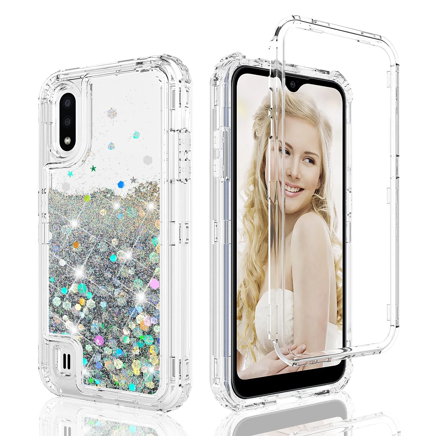 Samsung Galaxy A01 Case,Hard Clear Glitter Sparkle Flowing Liquid Heavy Duty Shockproof Three Layer Protective Bling Girls Women Cases for Samsung Galaxy A01 - Clear