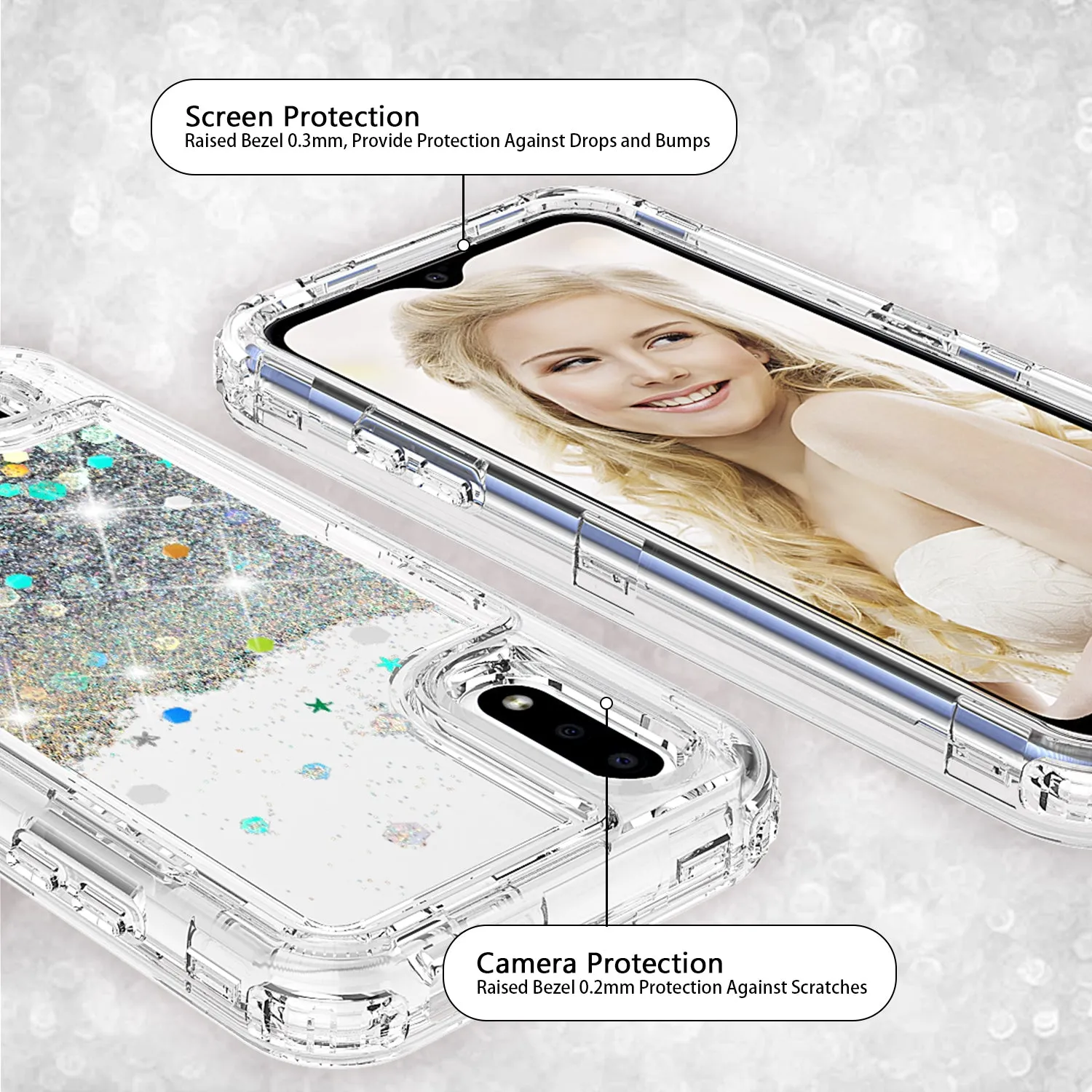 Samsung Galaxy A01 Case,Hard Clear Glitter Sparkle Flowing Liquid Heavy Duty Shockproof Three Layer Protective Bling Girls Women Cases for Samsung Galaxy A01 - Clear