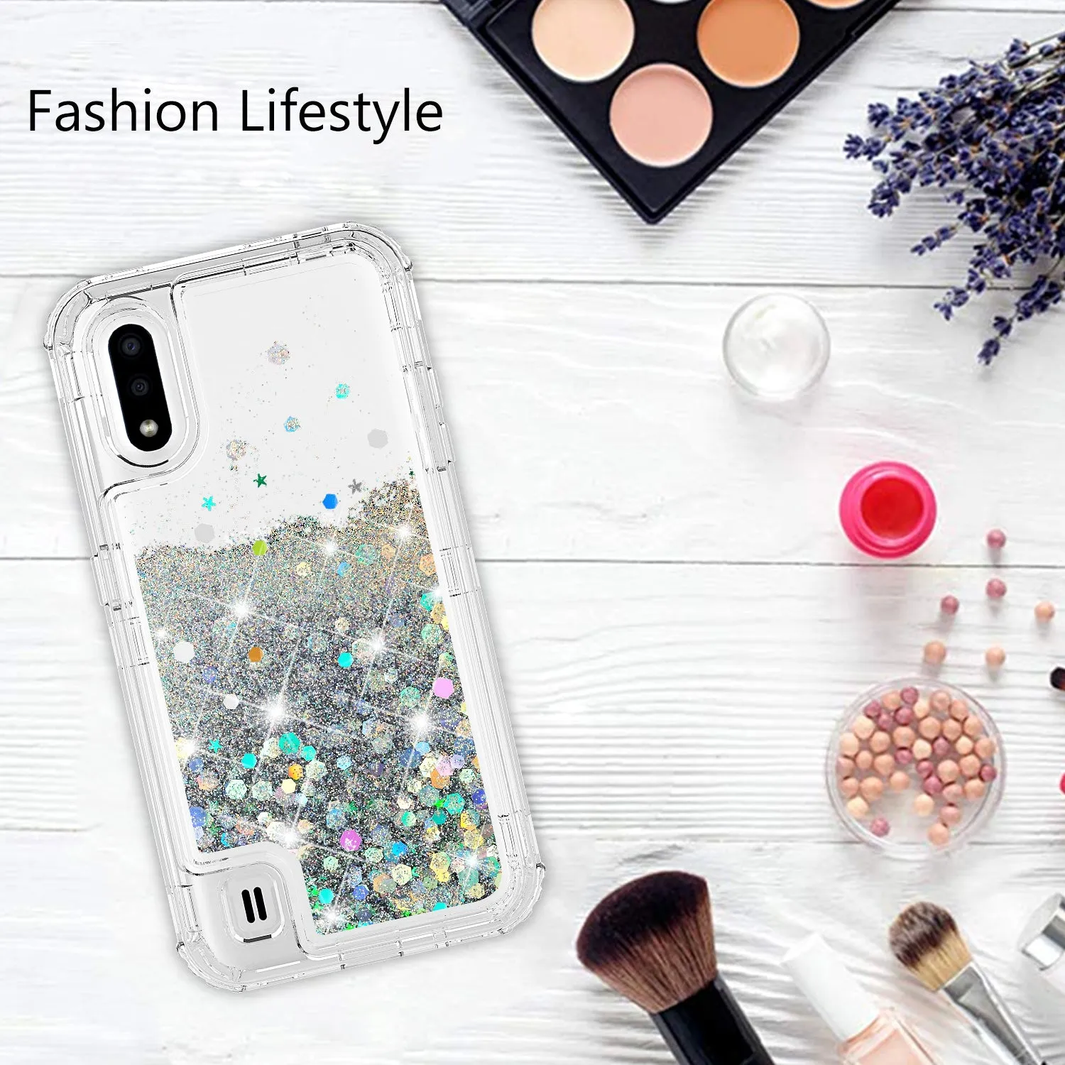 Samsung Galaxy A01 Case,Hard Clear Glitter Sparkle Flowing Liquid Heavy Duty Shockproof Three Layer Protective Bling Girls Women Cases for Samsung Galaxy A01 - Clear