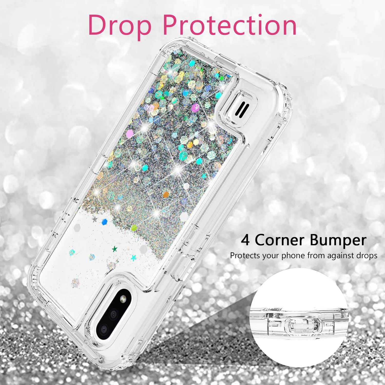 Samsung Galaxy A01 Case,Hard Clear Glitter Sparkle Flowing Liquid Heavy Duty Shockproof Three Layer Protective Bling Girls Women Cases for Samsung Galaxy A01 - Clear