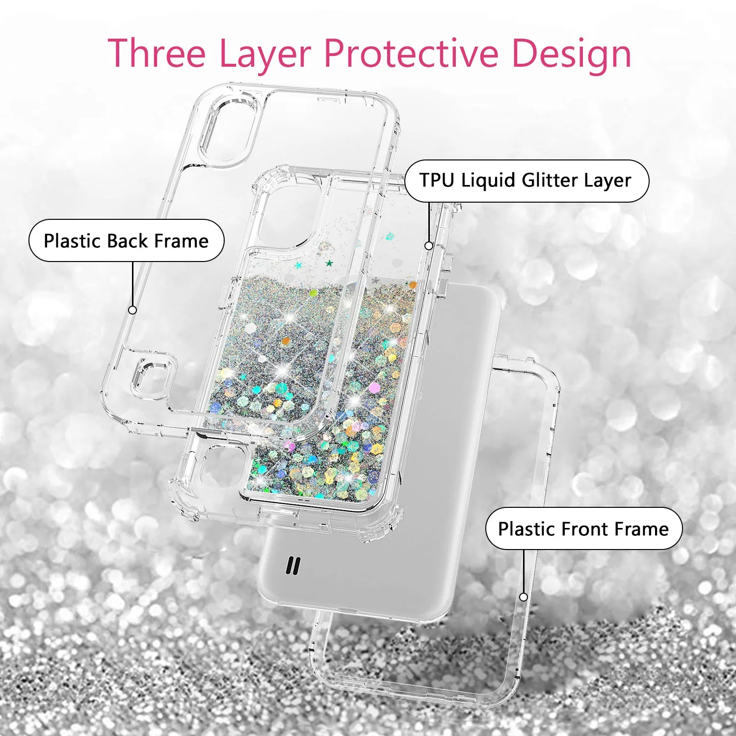 Samsung Galaxy A01 Case,Hard Clear Glitter Sparkle Flowing Liquid Heavy Duty Shockproof Three Layer Protective Bling Girls Women Cases for Samsung Galaxy A01 - Clear