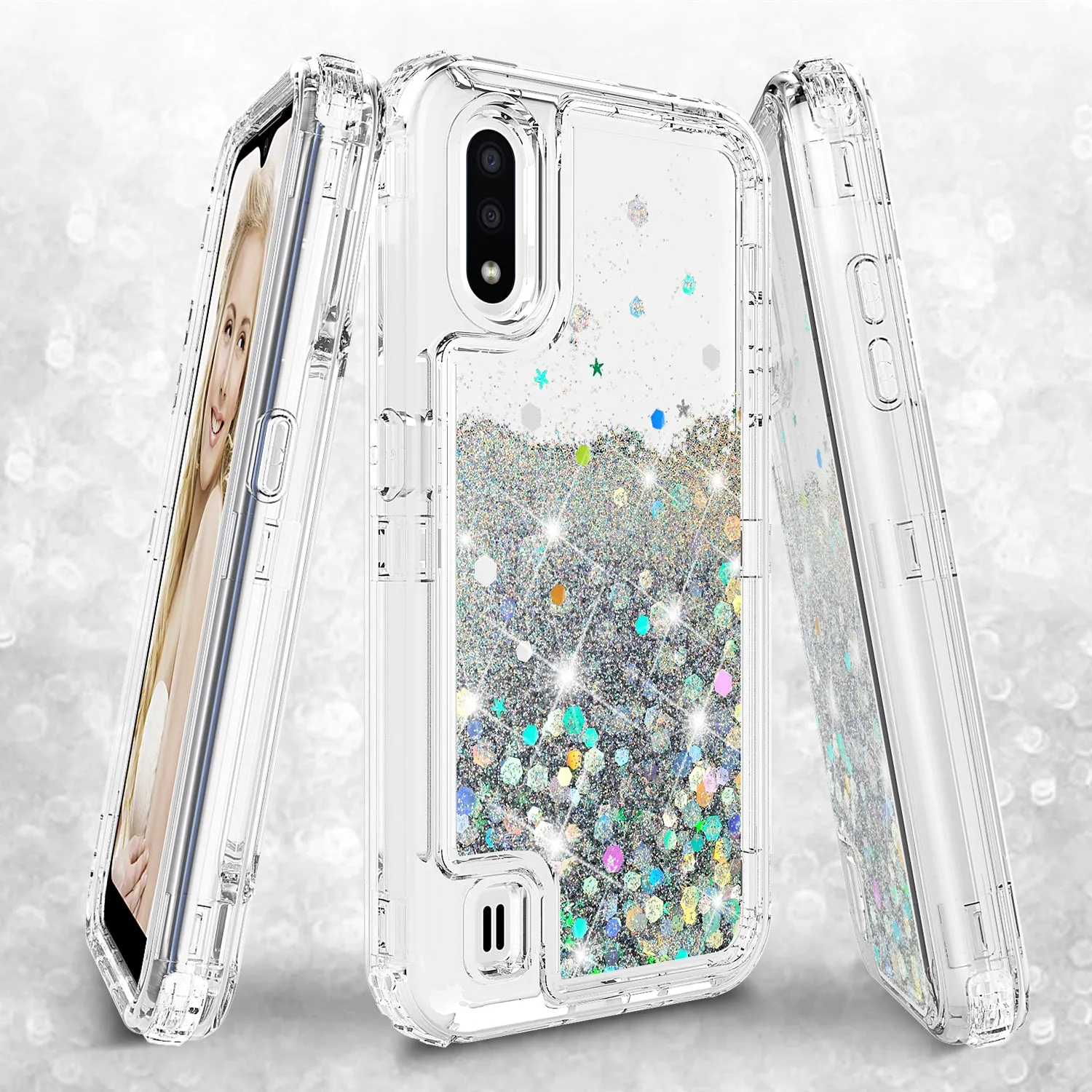 Samsung Galaxy A01 Case,Hard Clear Glitter Sparkle Flowing Liquid Heavy Duty Shockproof Three Layer Protective Bling Girls Women Cases for Samsung Galaxy A01 - Clear