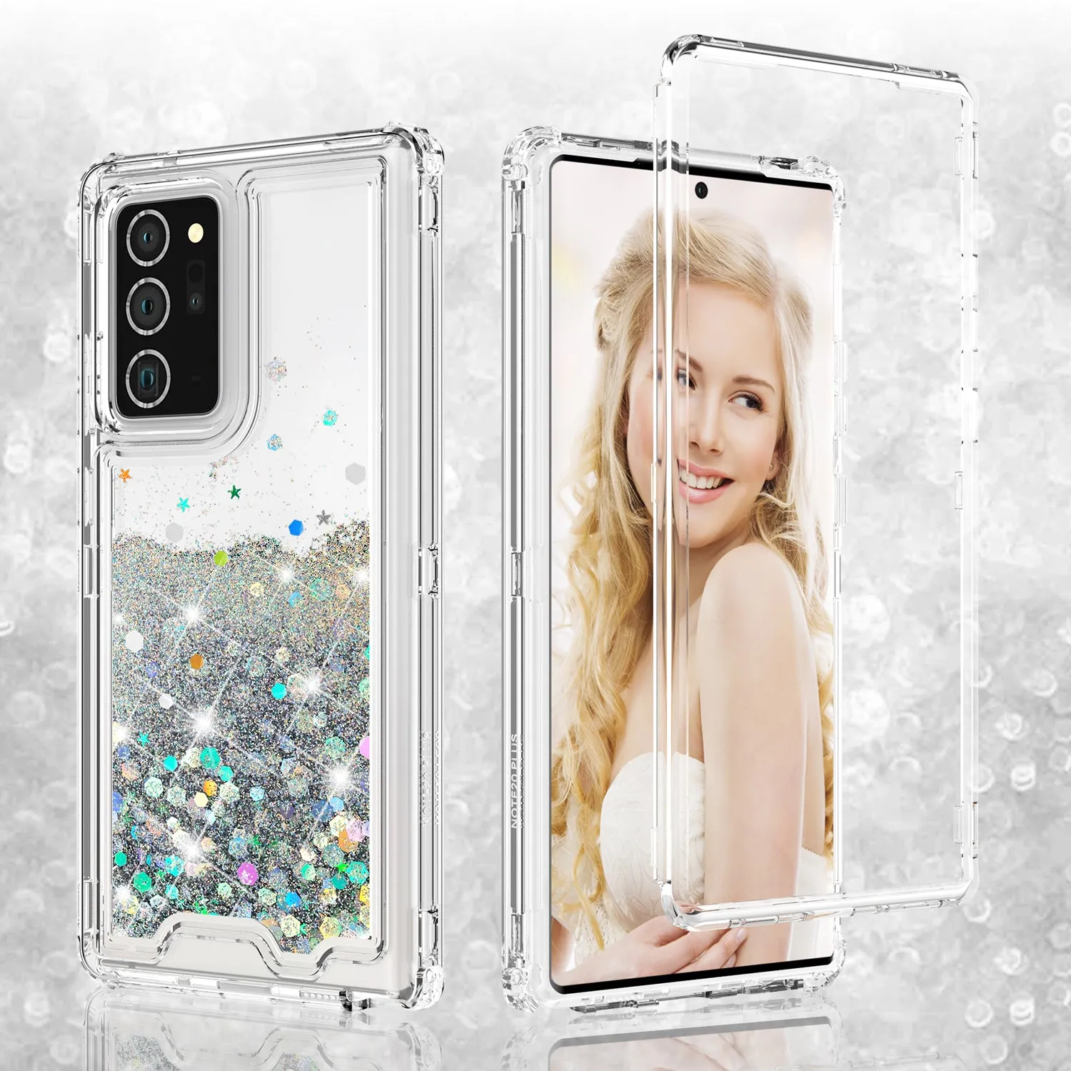 Samsung Galaxy Note 20 Case,Hard Clear Glitter Sparkle Flowing Liquid Heavy Duty Shockproof Three Layer Protective Bling Girls Women Cases for Samsung Galaxy Note 20 - Clear