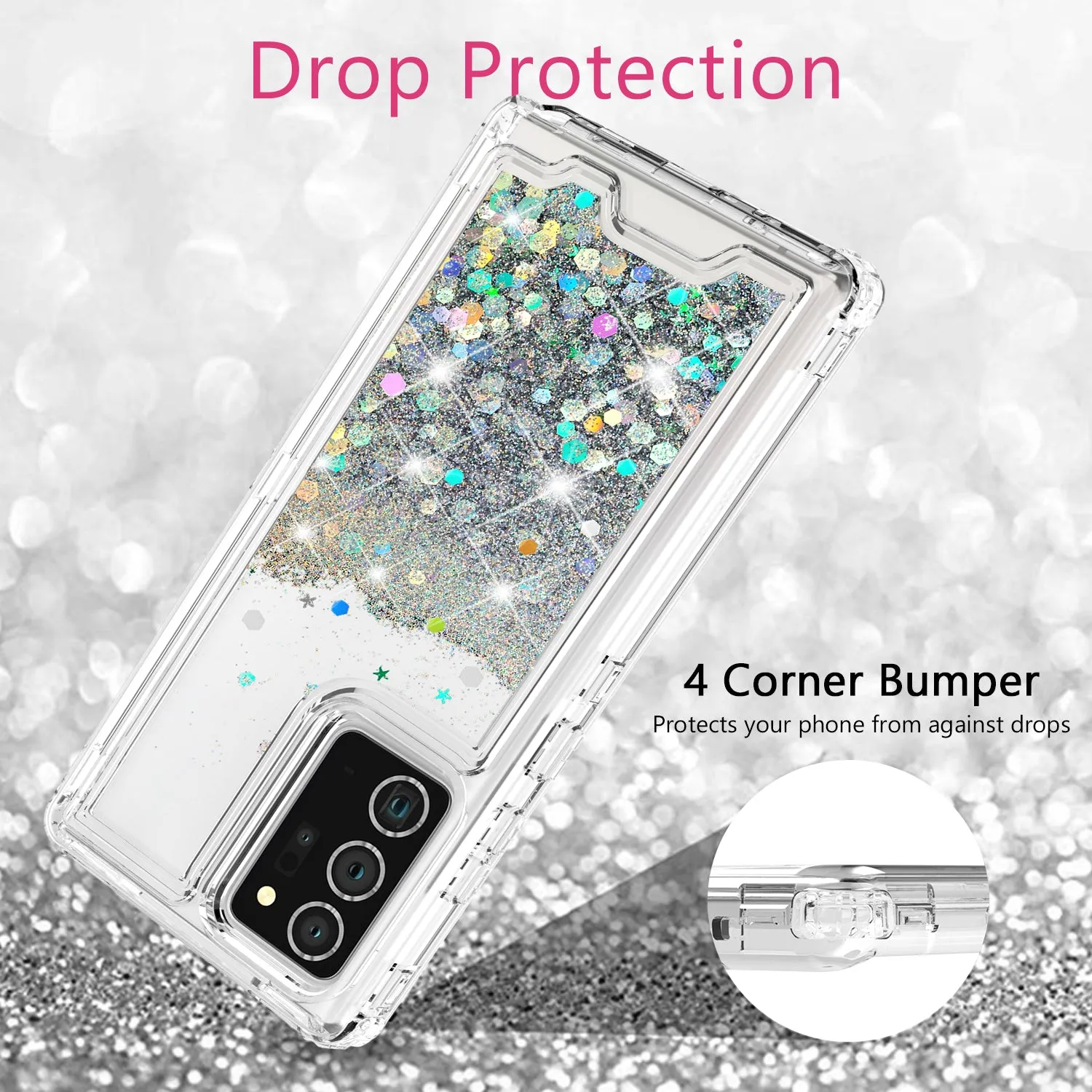 Samsung Galaxy Note 20 Case,Hard Clear Glitter Sparkle Flowing Liquid Heavy Duty Shockproof Three Layer Protective Bling Girls Women Cases for Samsung Galaxy Note 20 - Clear